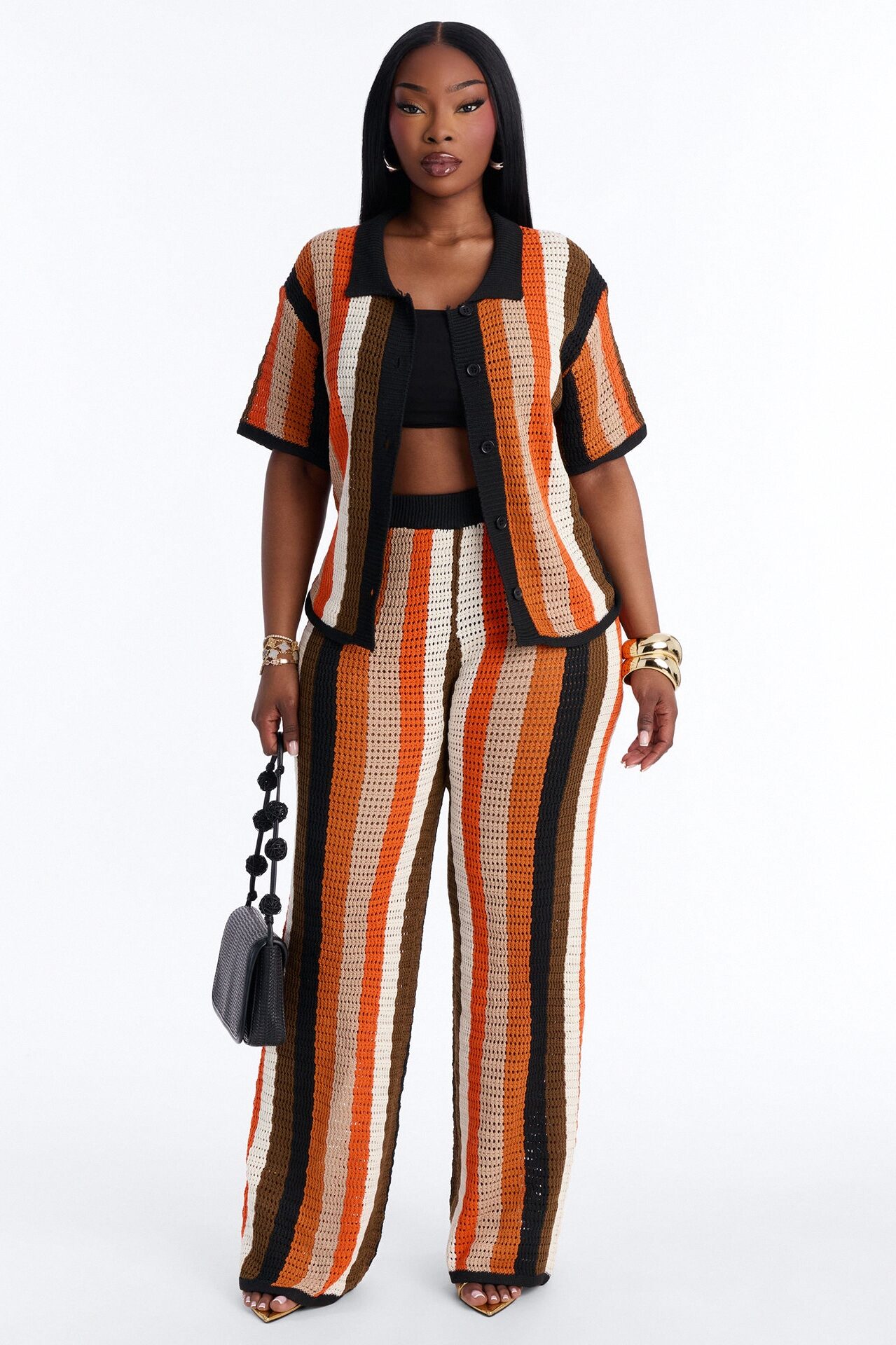 Lisa Crochet Wide Leg Pant Set - Orange/combo