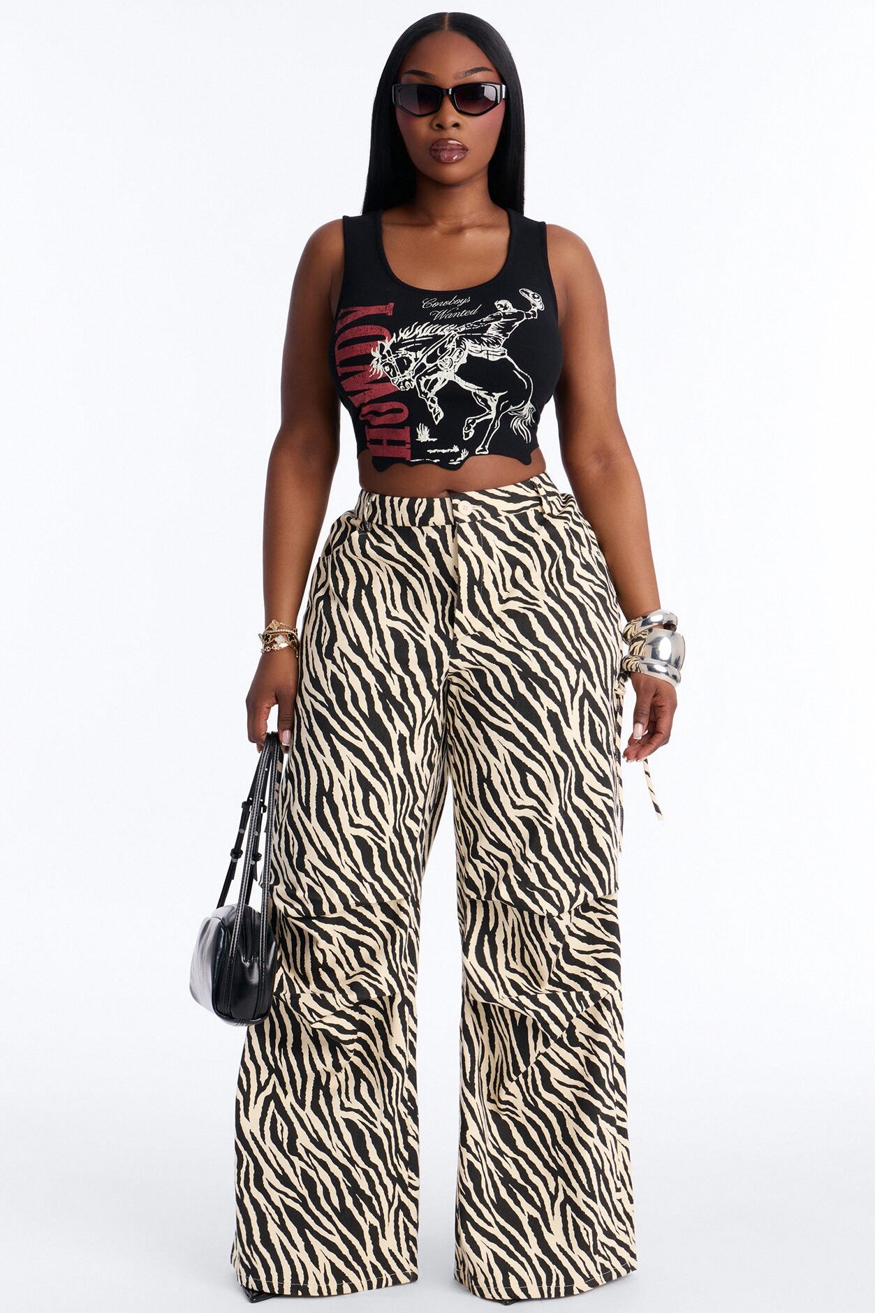 Daring Zebra Wide Leg Pleated Pants 33″ - Black/combo
