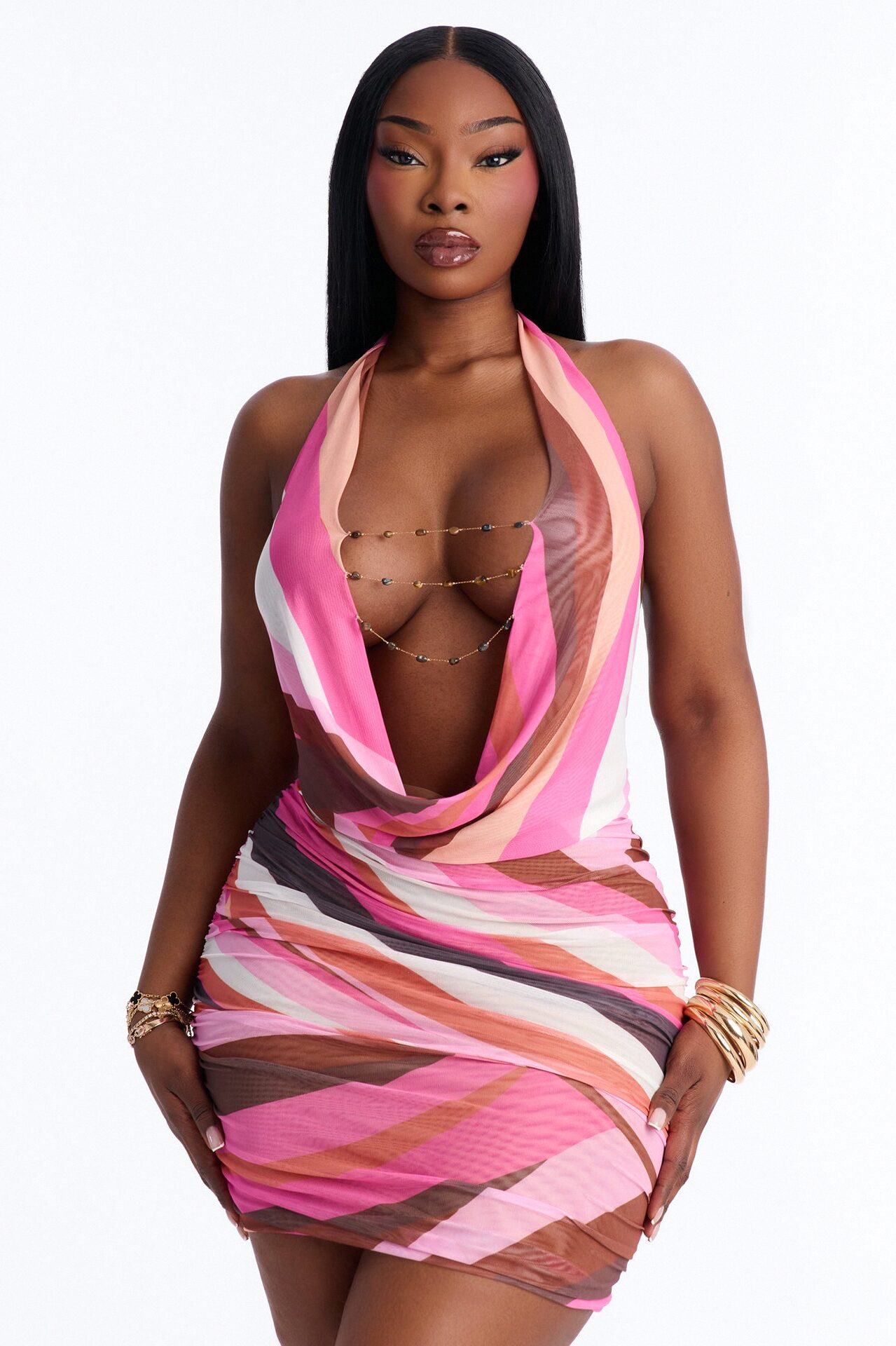It's Giving Vacay Halter Mesh Mini Dress - Pink/combo