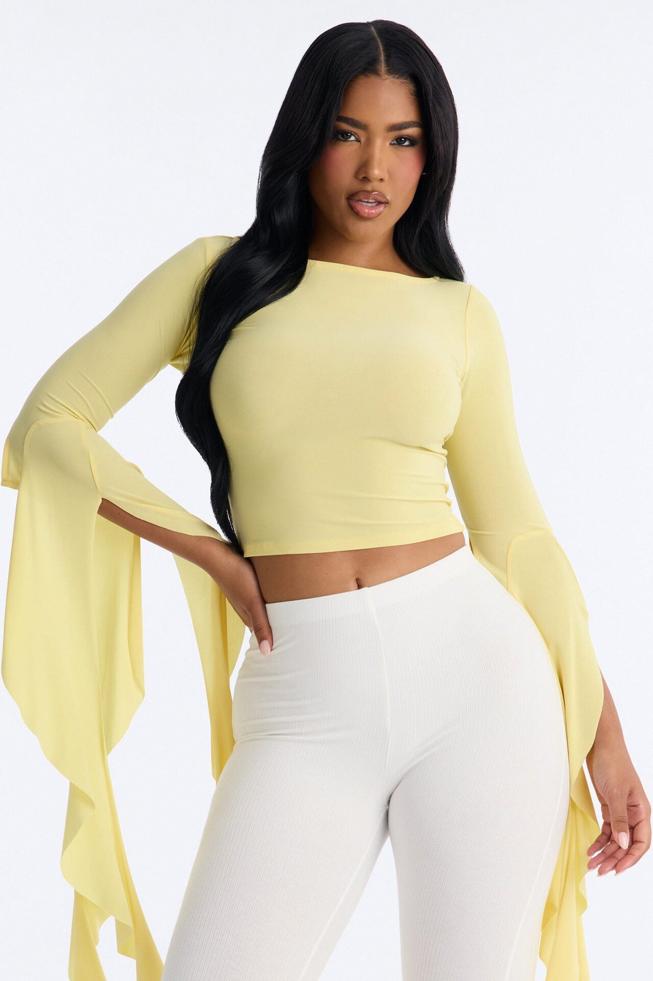 Isabella Boat Neck Ruffle Long Sleeve Top - Butter Yellow