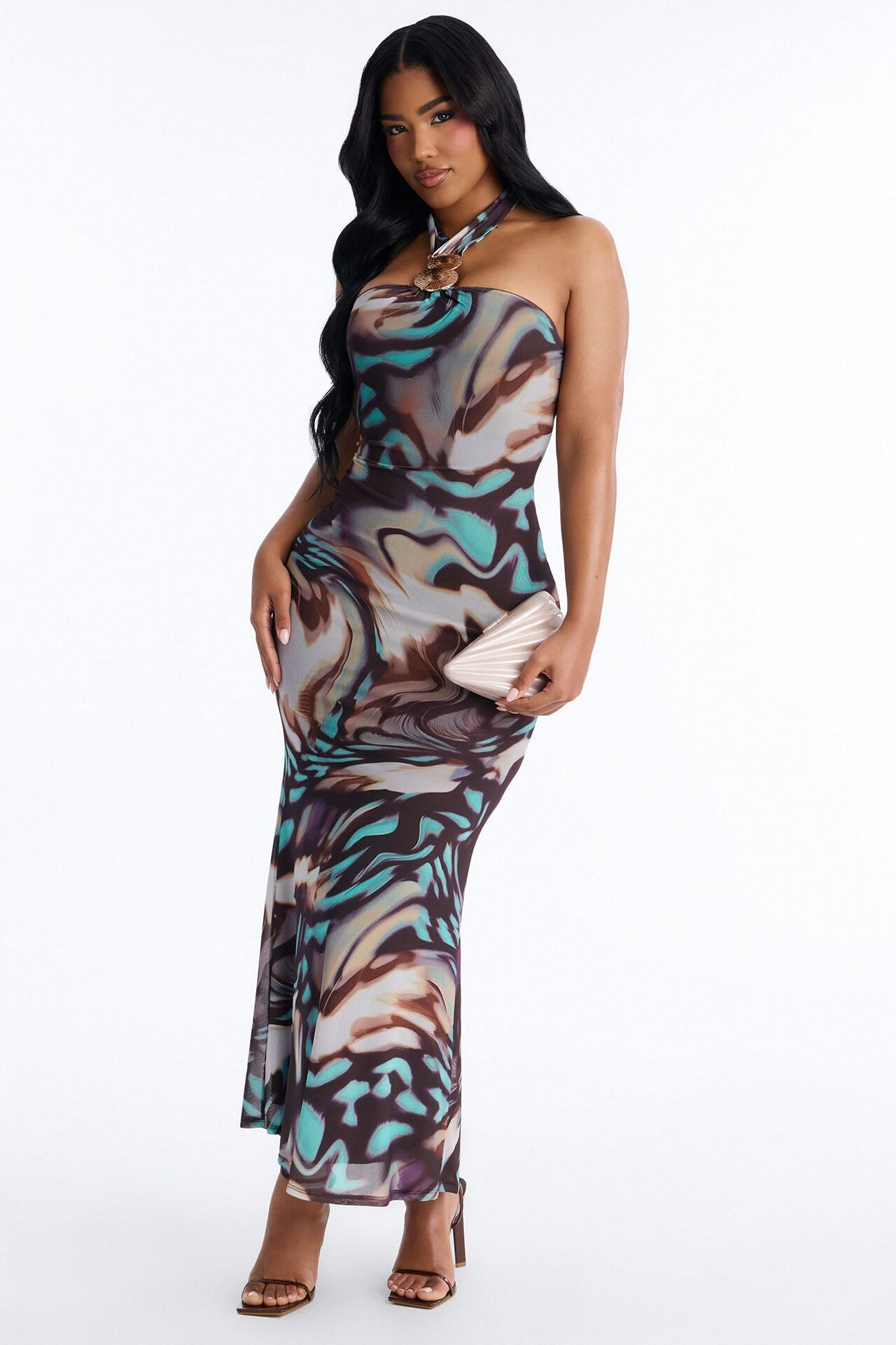 Bad Habits Halter Mesh Maxi Dress - Brown/combo