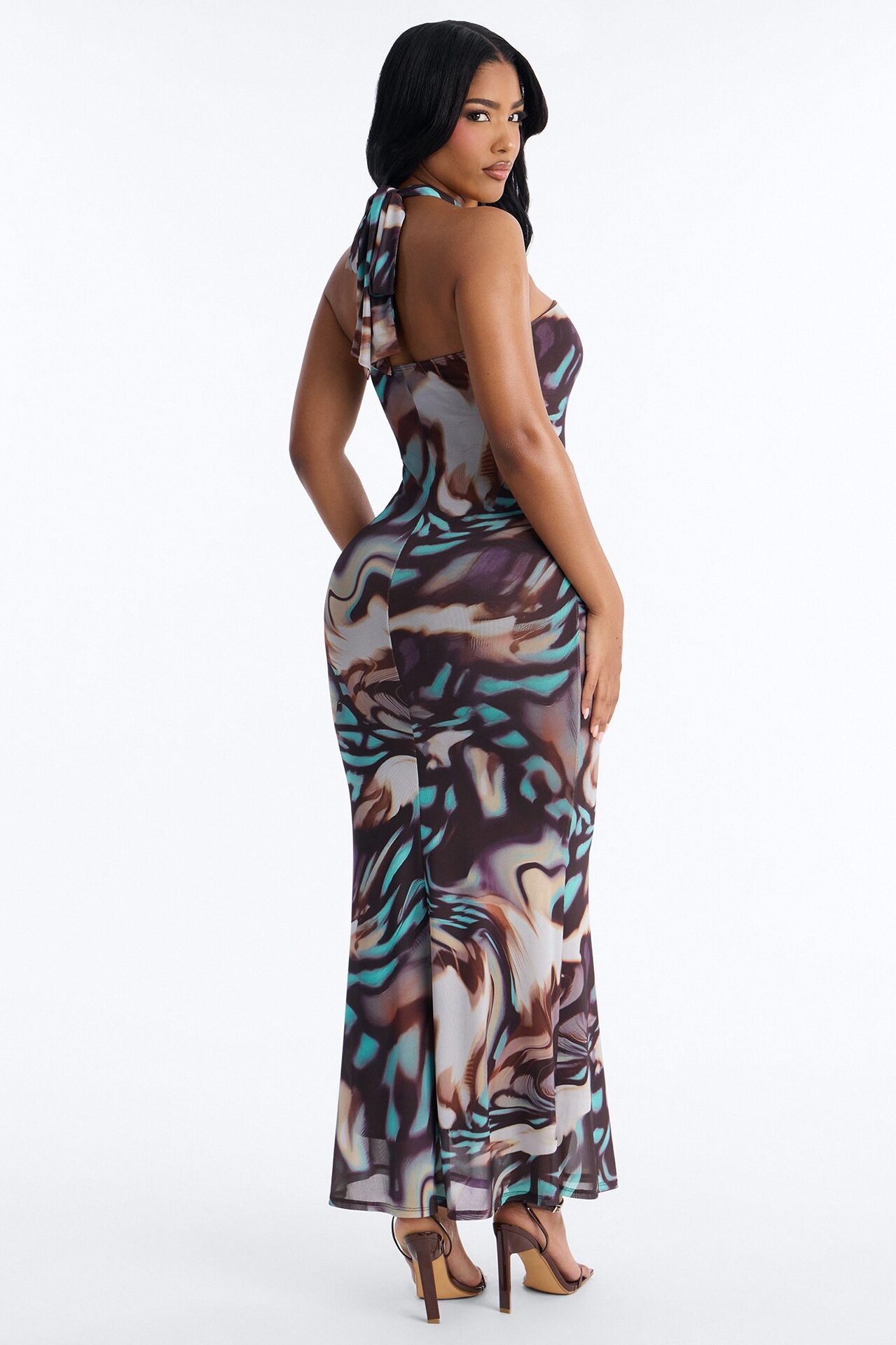 Bad Habits Halter Mesh Maxi Dress - Brown/combo