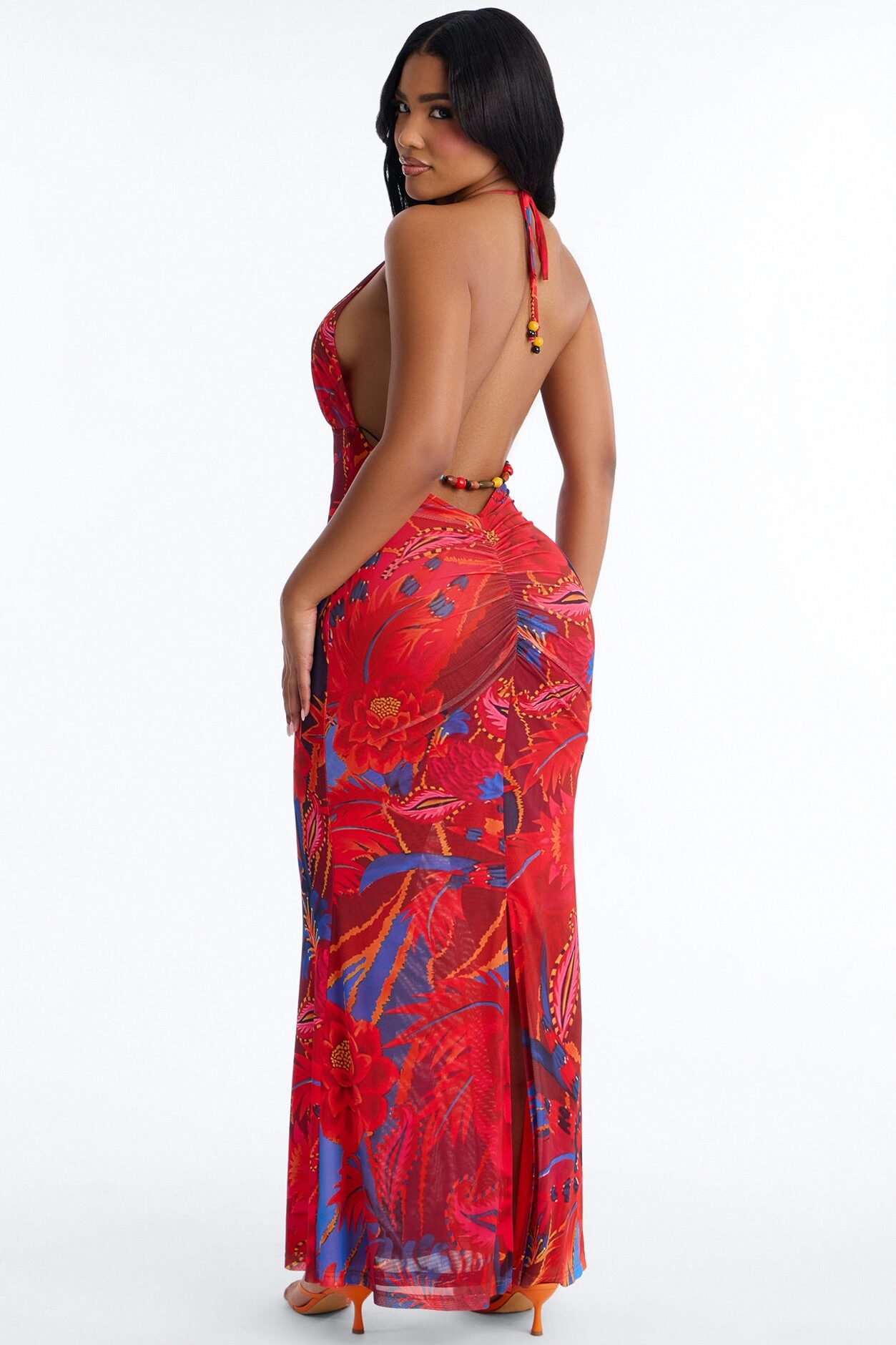 Island Diva Backless Mesh Maxi Dress - Red/combo