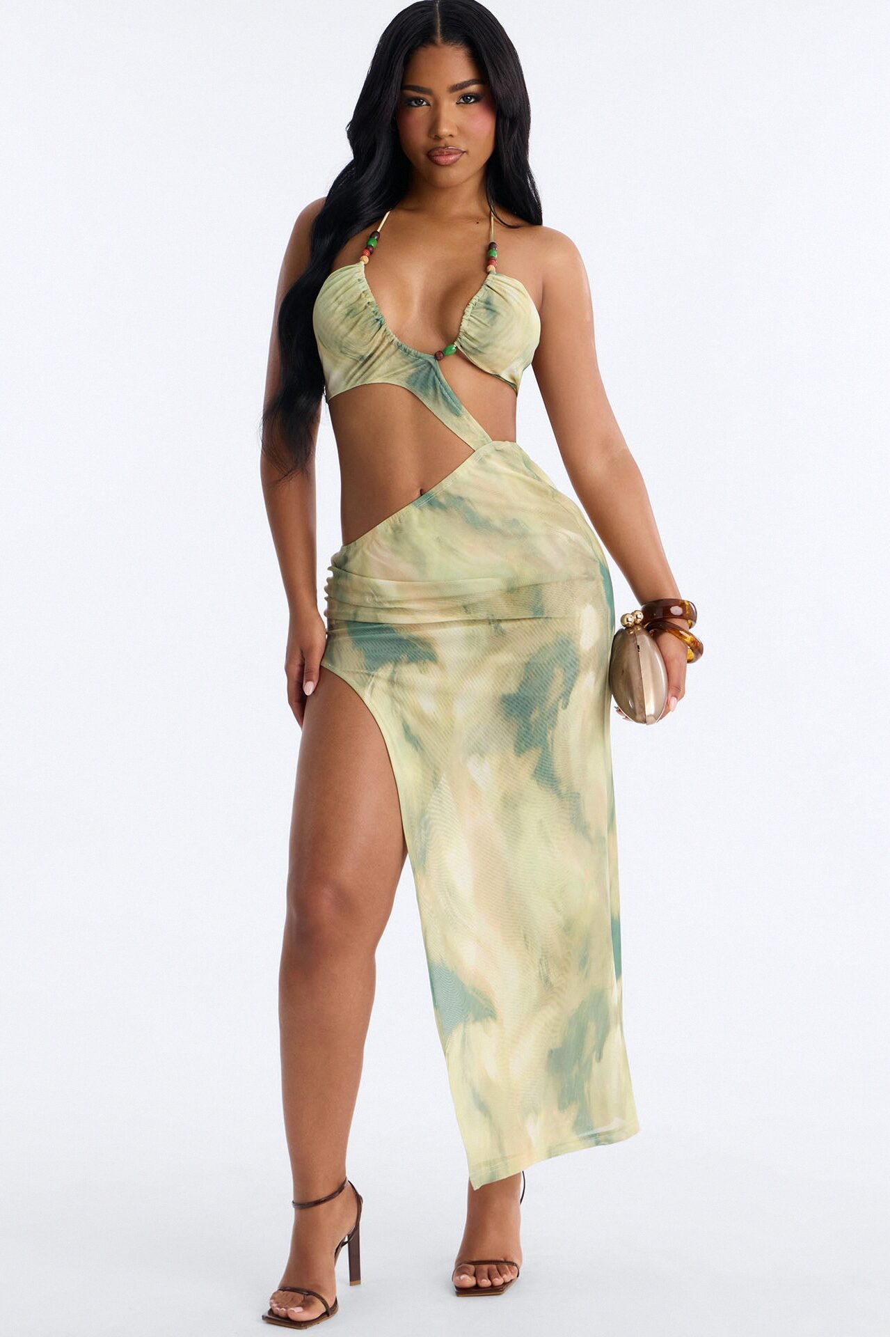 Golden Hour Glow Cut Out Mesh Maxi Dress - Green/combo