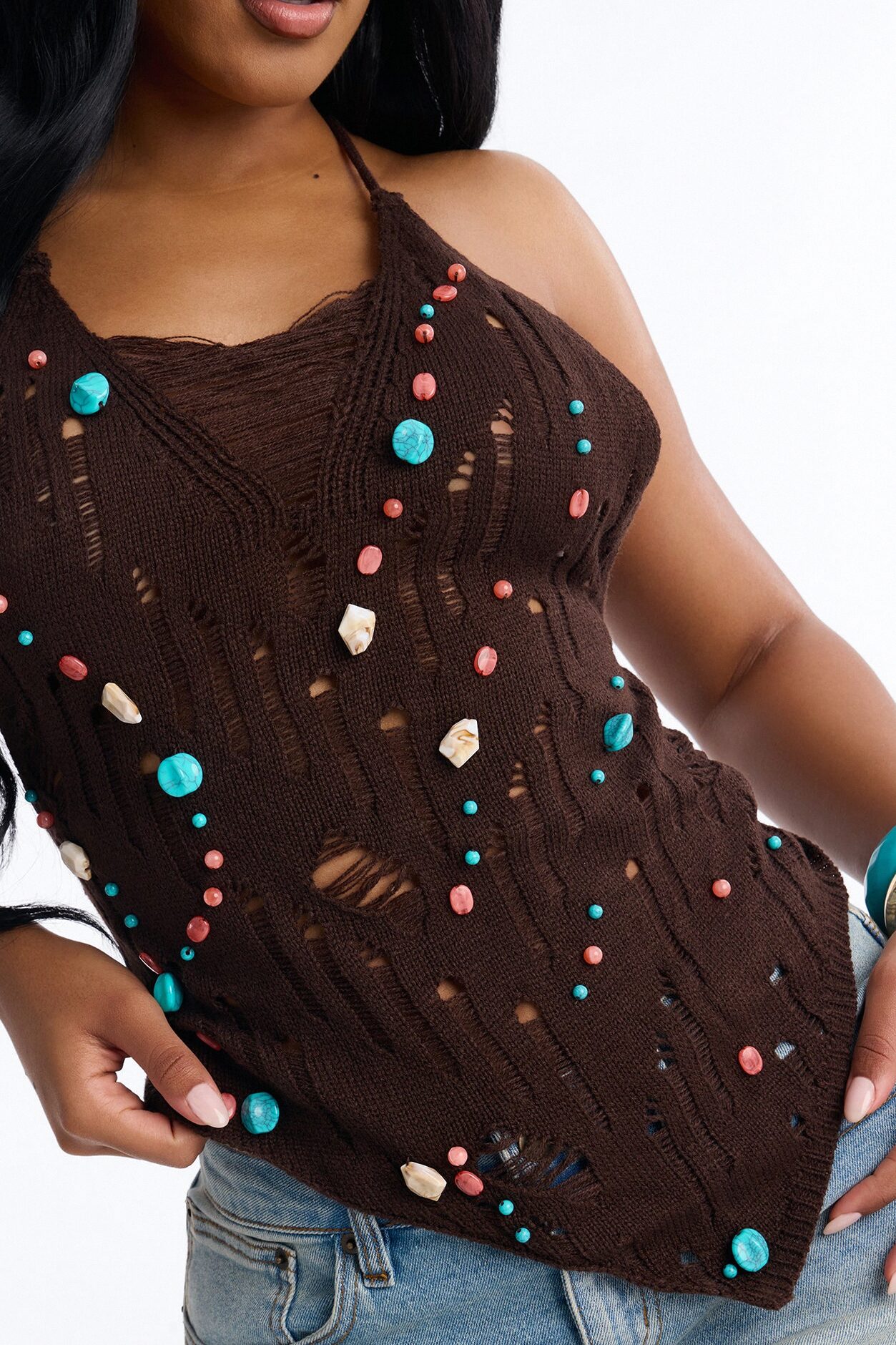 Alani Distressed Beaded Crochet Halter Top - Chocolate