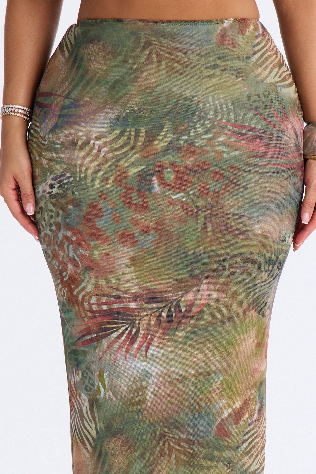 Tropical Bloom Mesh Maxi Skirt - Green/combo
