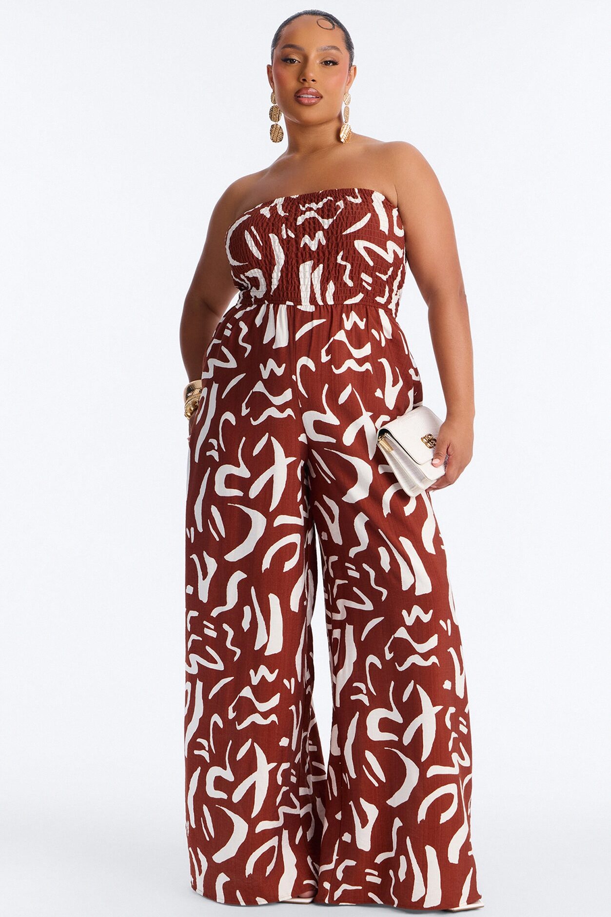 Faye Strapless Abstract Wide Leg Jumpsuit - Rust/combo