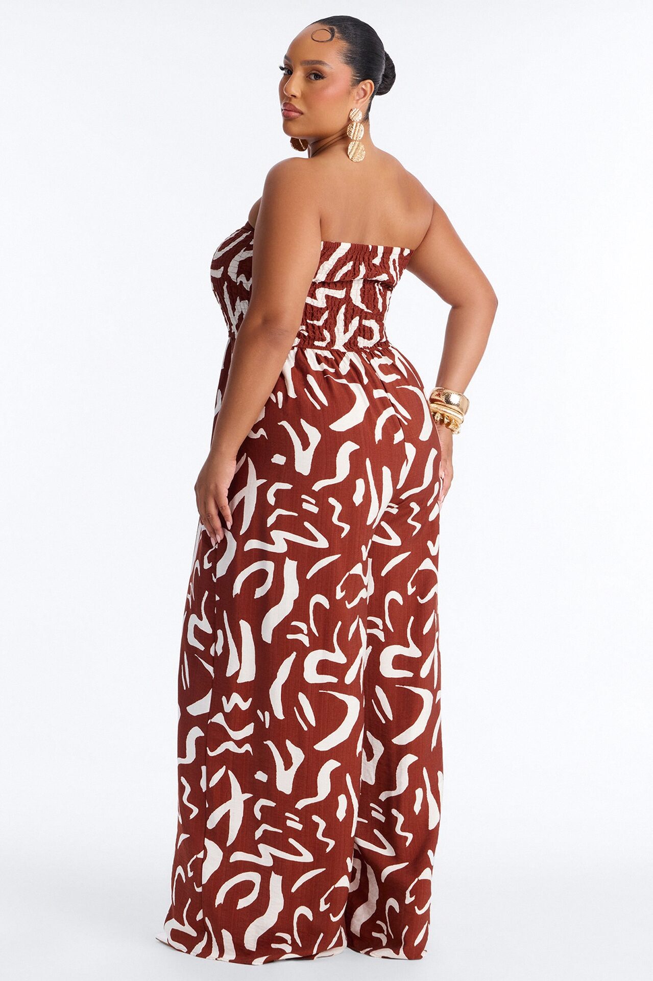 Faye Strapless Abstract Wide Leg Jumpsuit - Rust/combo