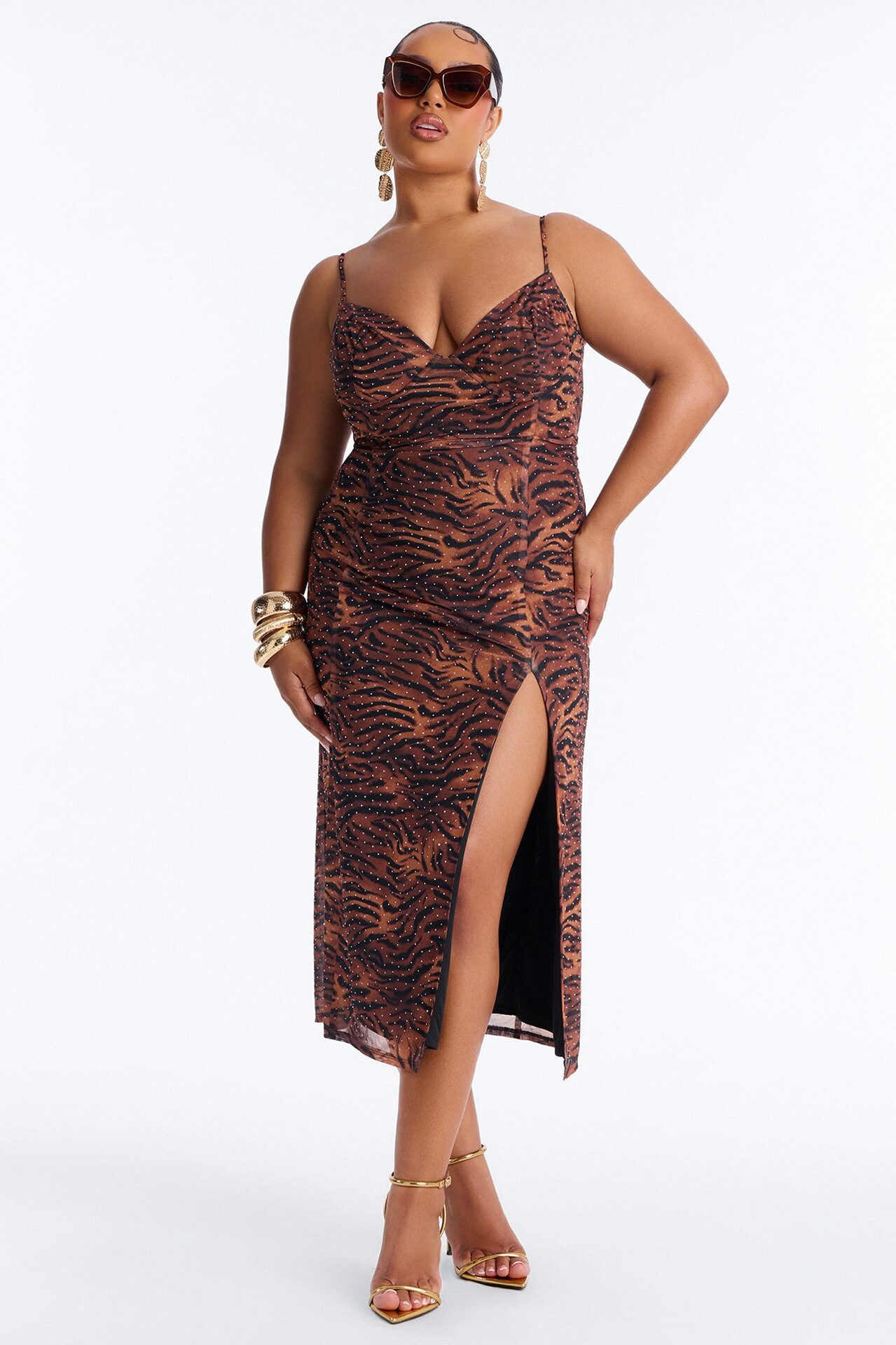 Valentina Animal Rhinestone Mesh Midi Dress - Brown/combo