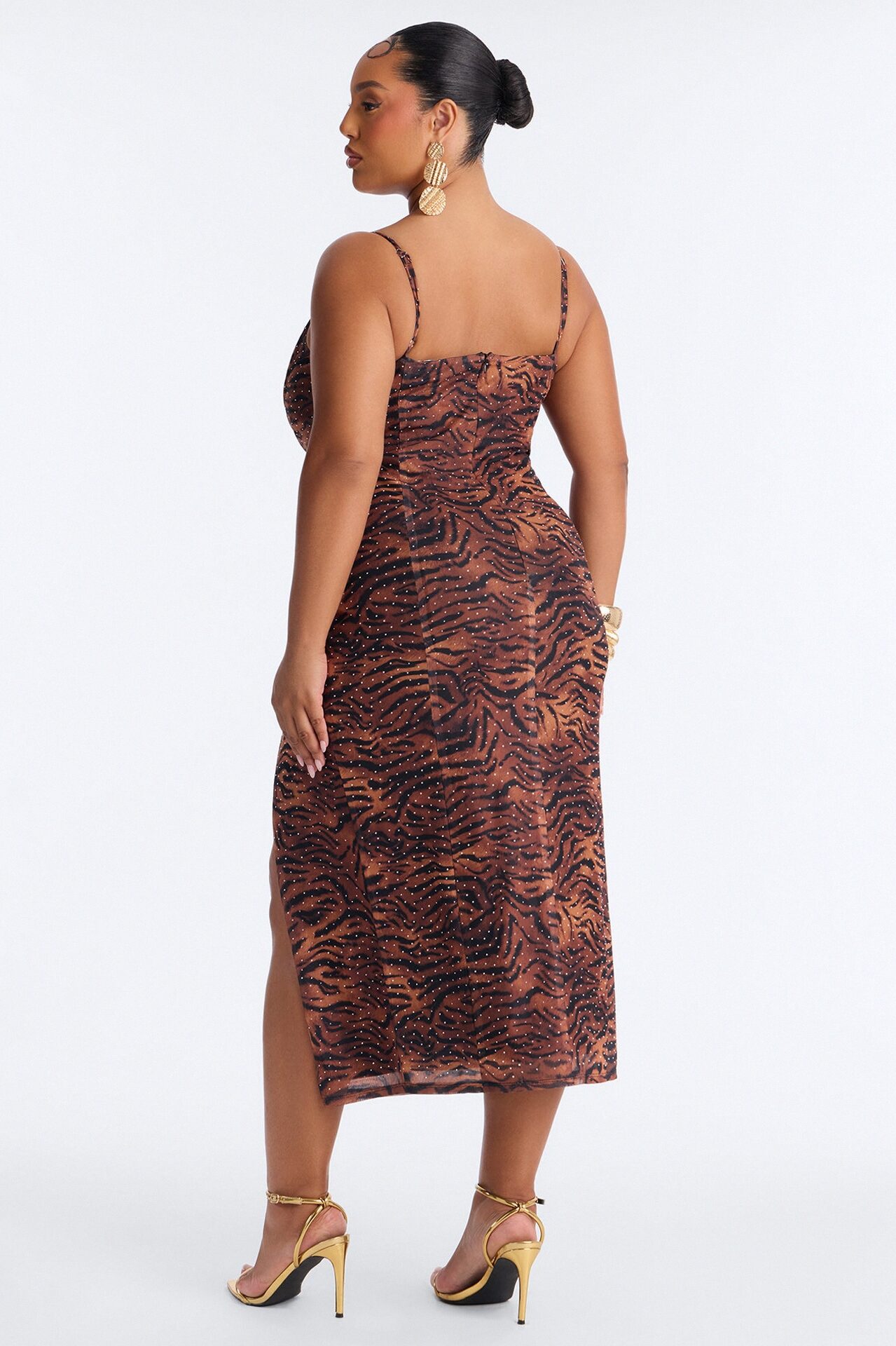 Valentina Animal Rhinestone Mesh Midi Dress - Brown/combo
