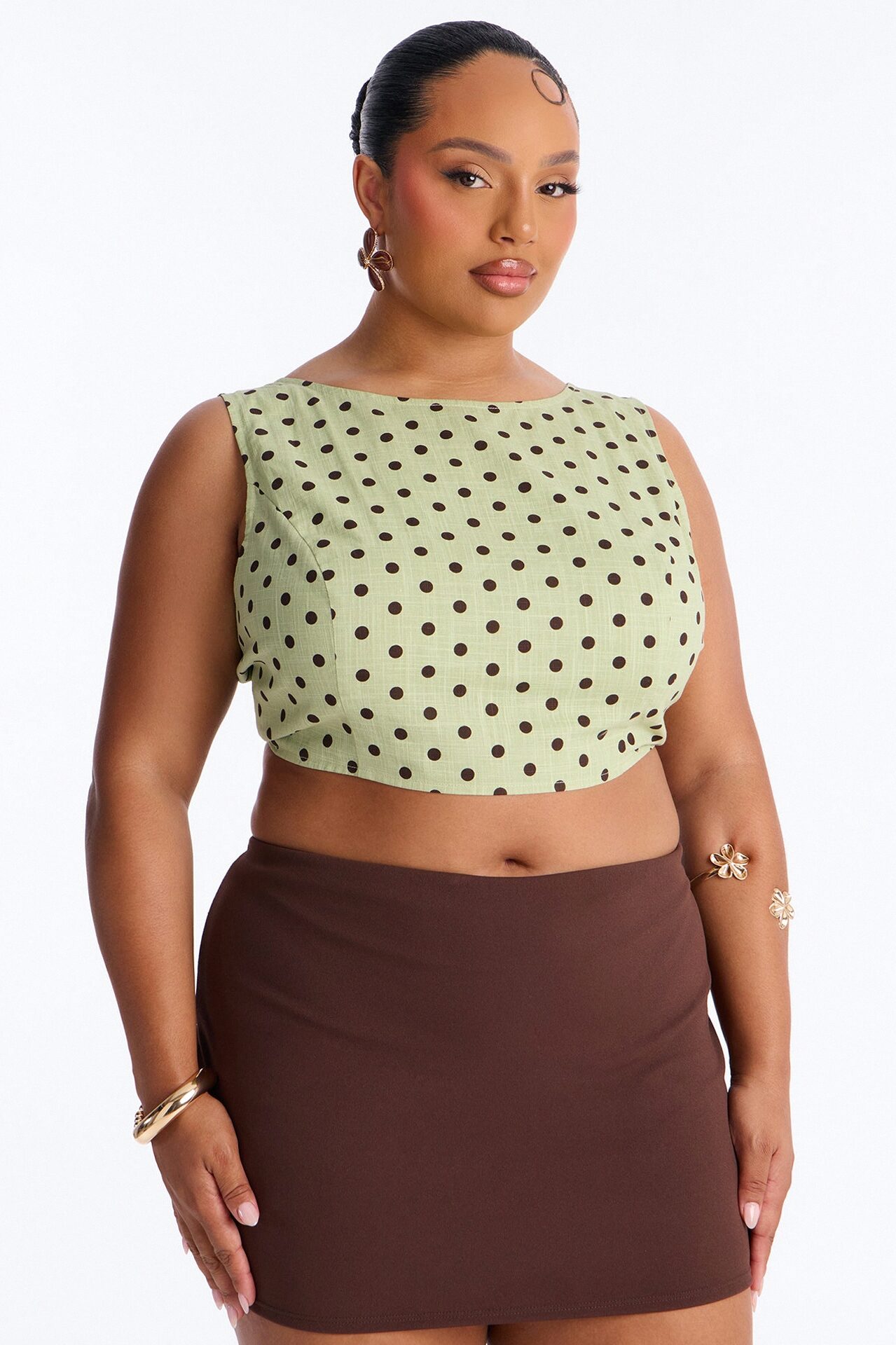 On The Cute Side Polka Dot Cropped Linen Top - Sage/combo