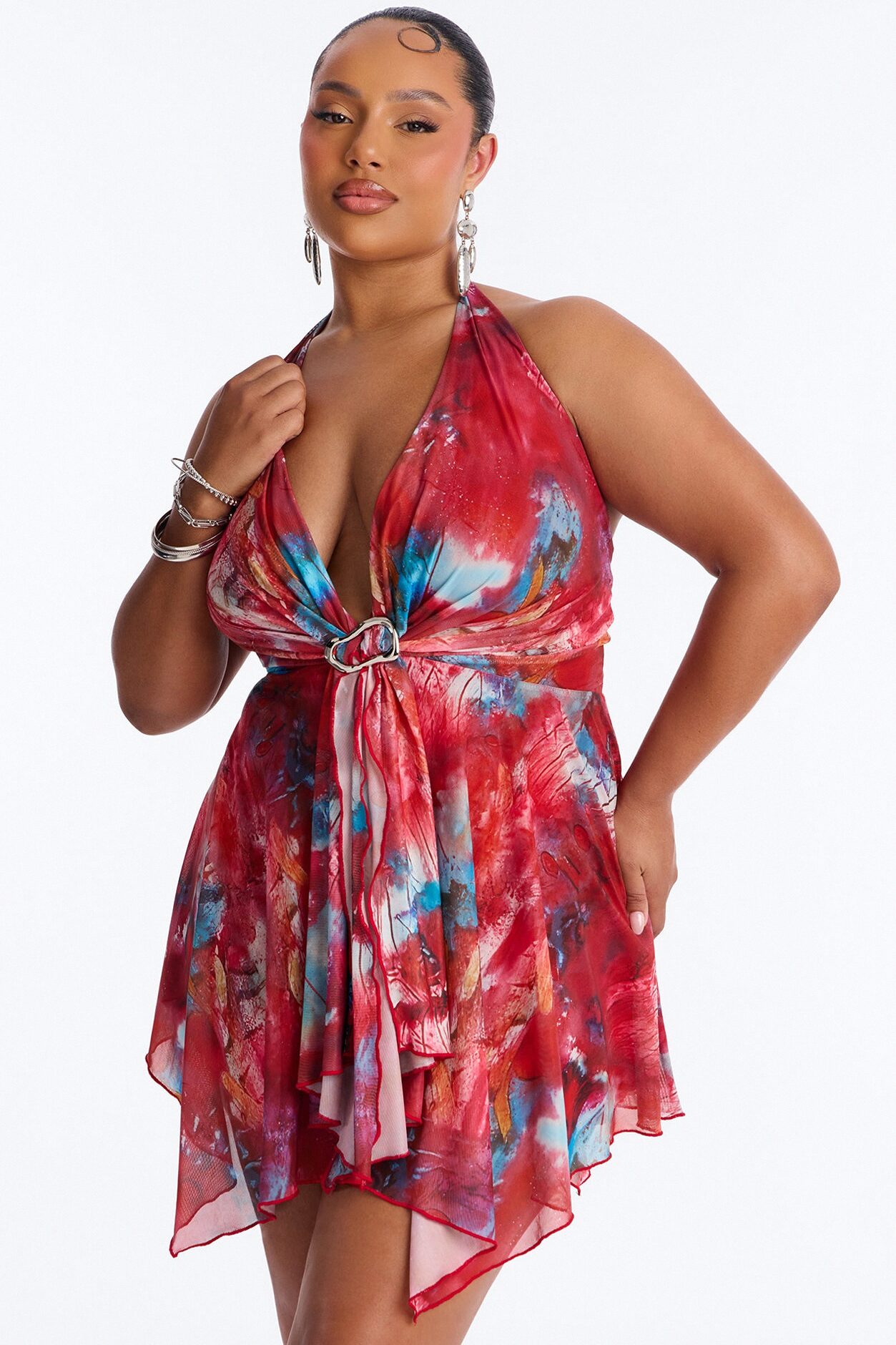 Elisa Halter Mesh Mini Dress - Red/combo