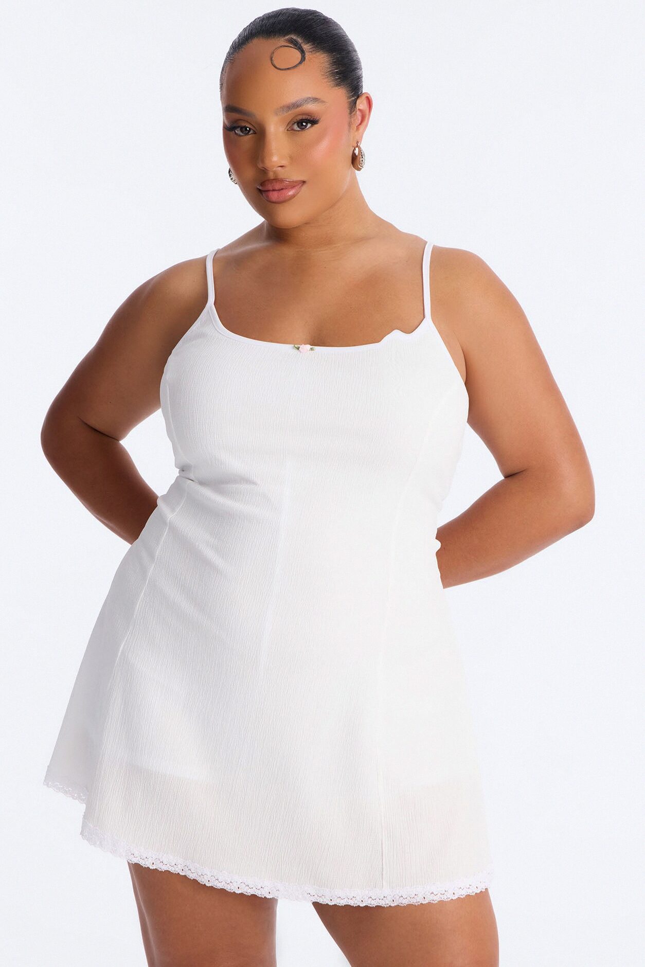 Rachel Lace Trim Textured Mini Dress - Off White