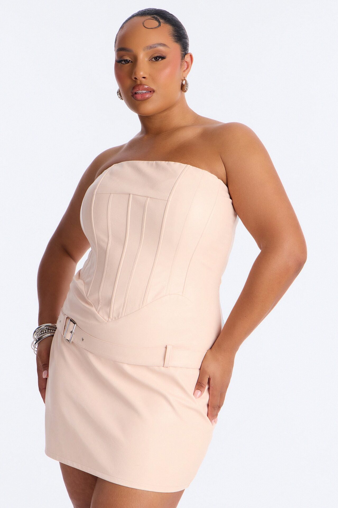 Kamila Corset Waist Faux Leather Mini Dress - Light Pink