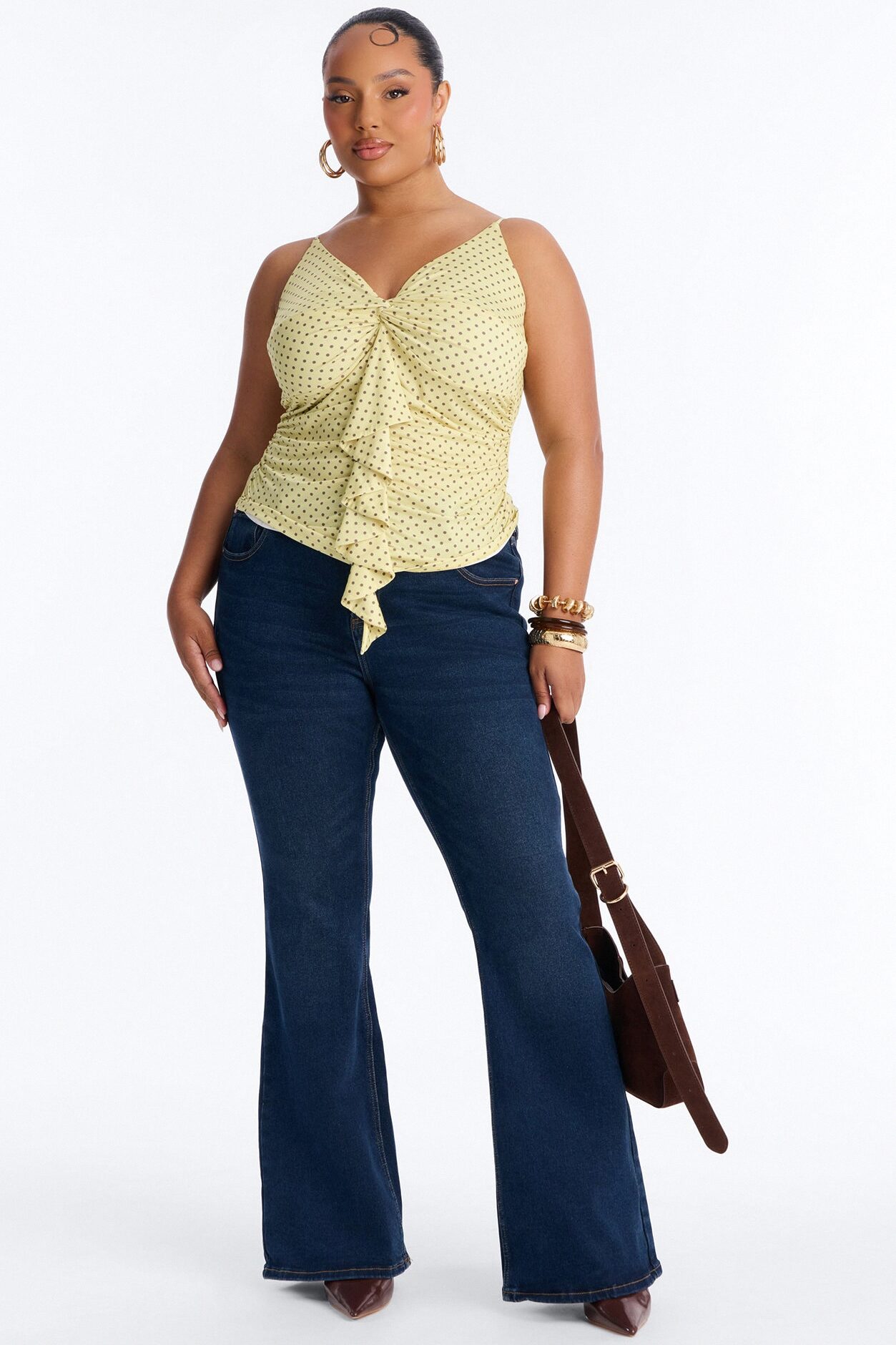 Sunny Polka Dot Ruffle Twist Tank Top - Yellow/combo
