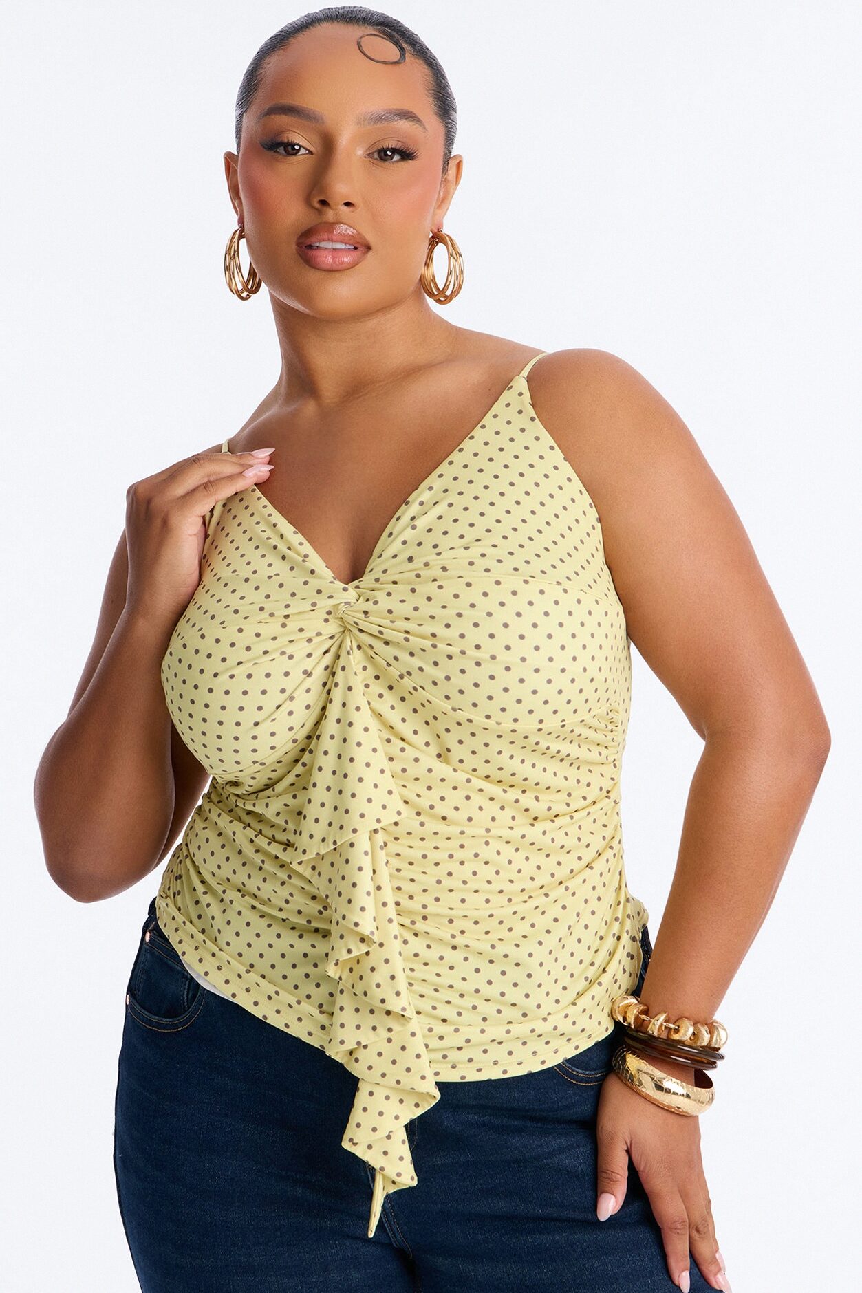 Sunny Polka Dot Ruffle Twist Tank Top - Yellow/combo