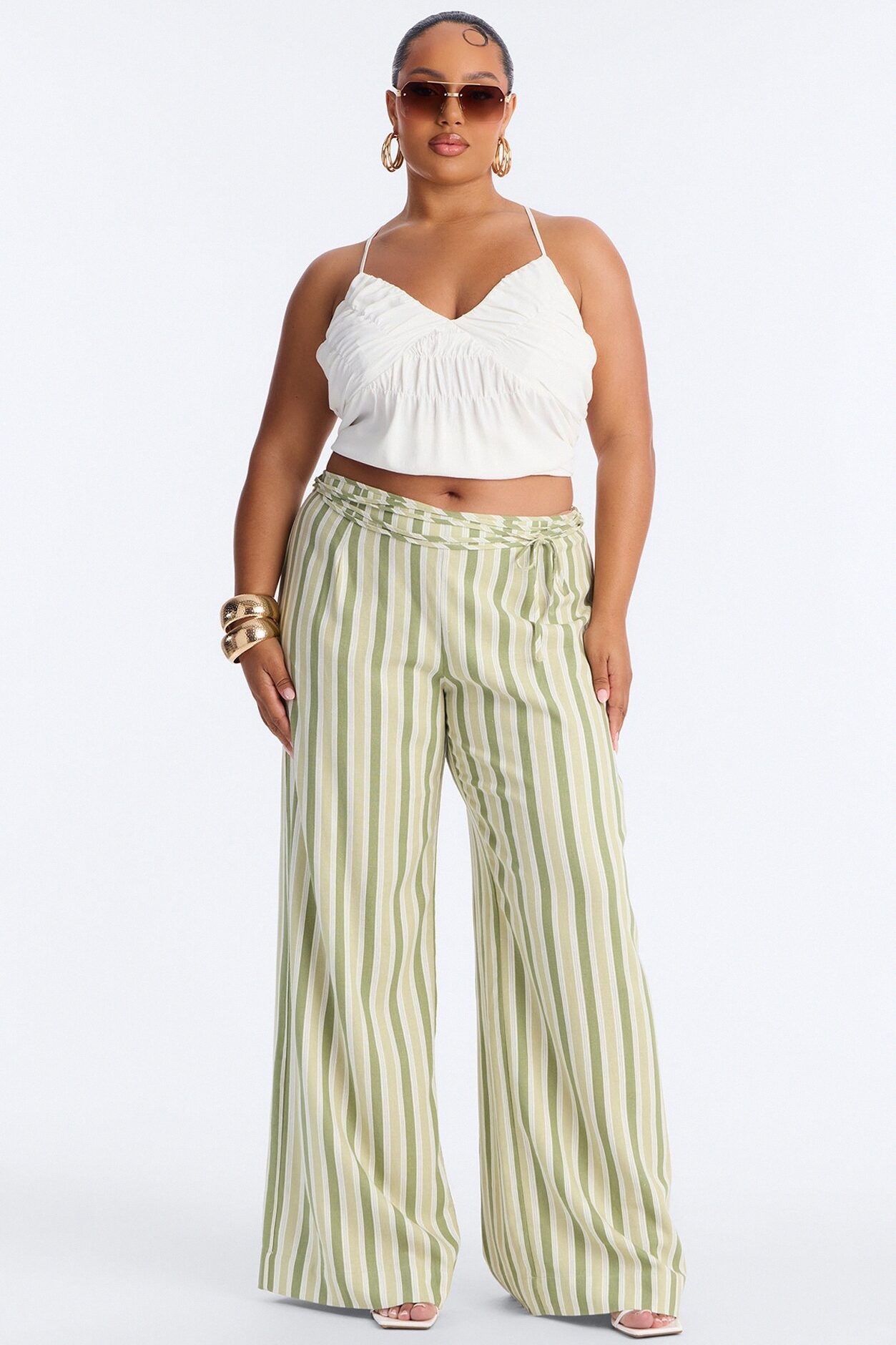 Lurice Low Rise Striped Linen Wide Leg Pant - Sage/combo