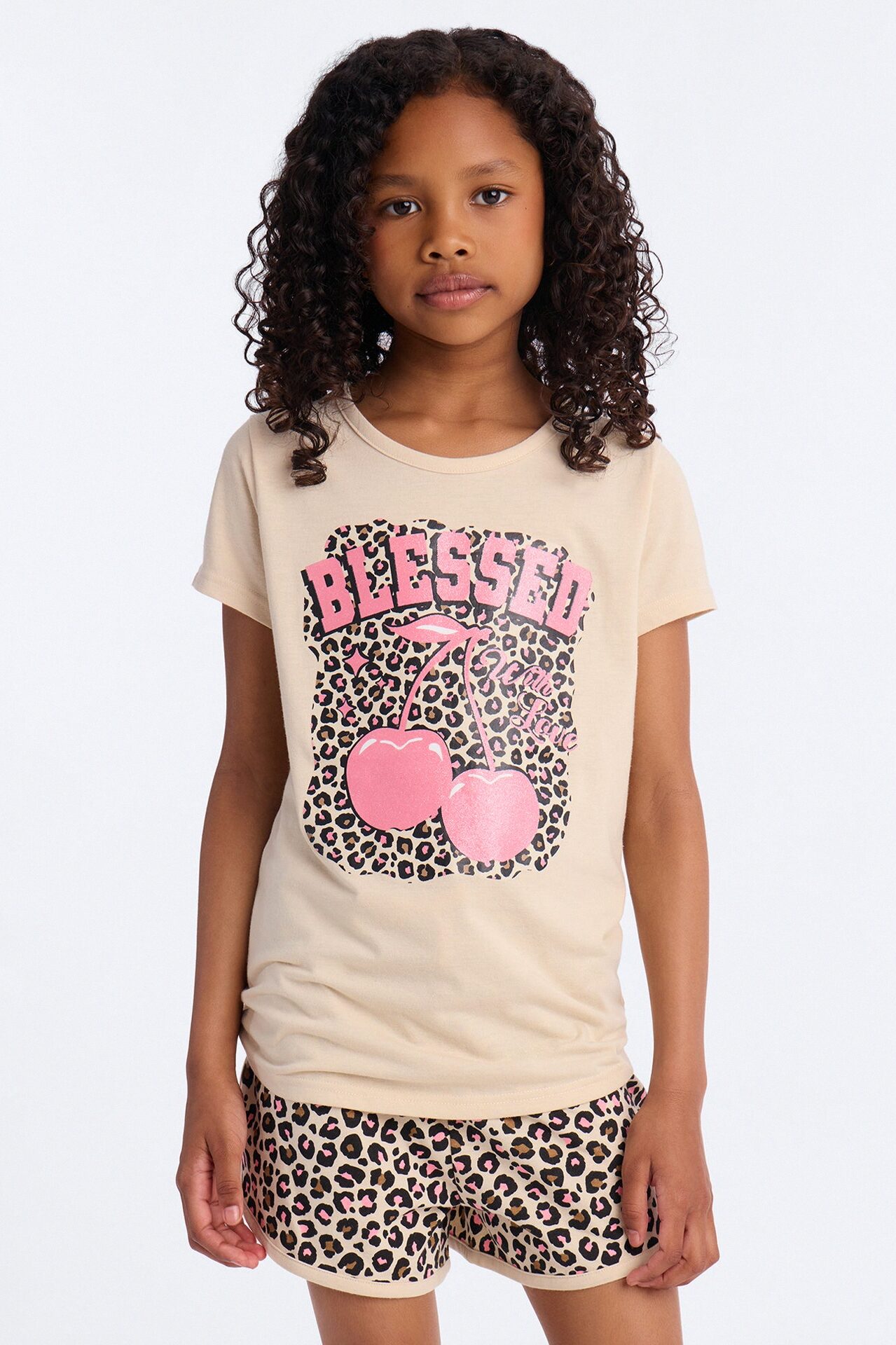 Mini Blessed Cherry Short Set - Sand/combo