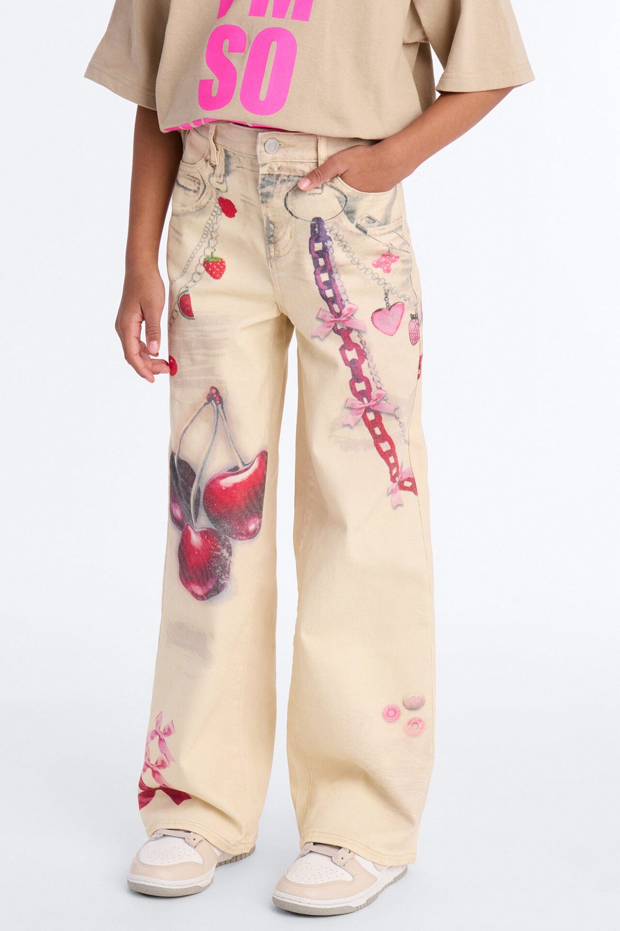 Mini Cherry On Top Printed Wide Leg Jeans - Ivory