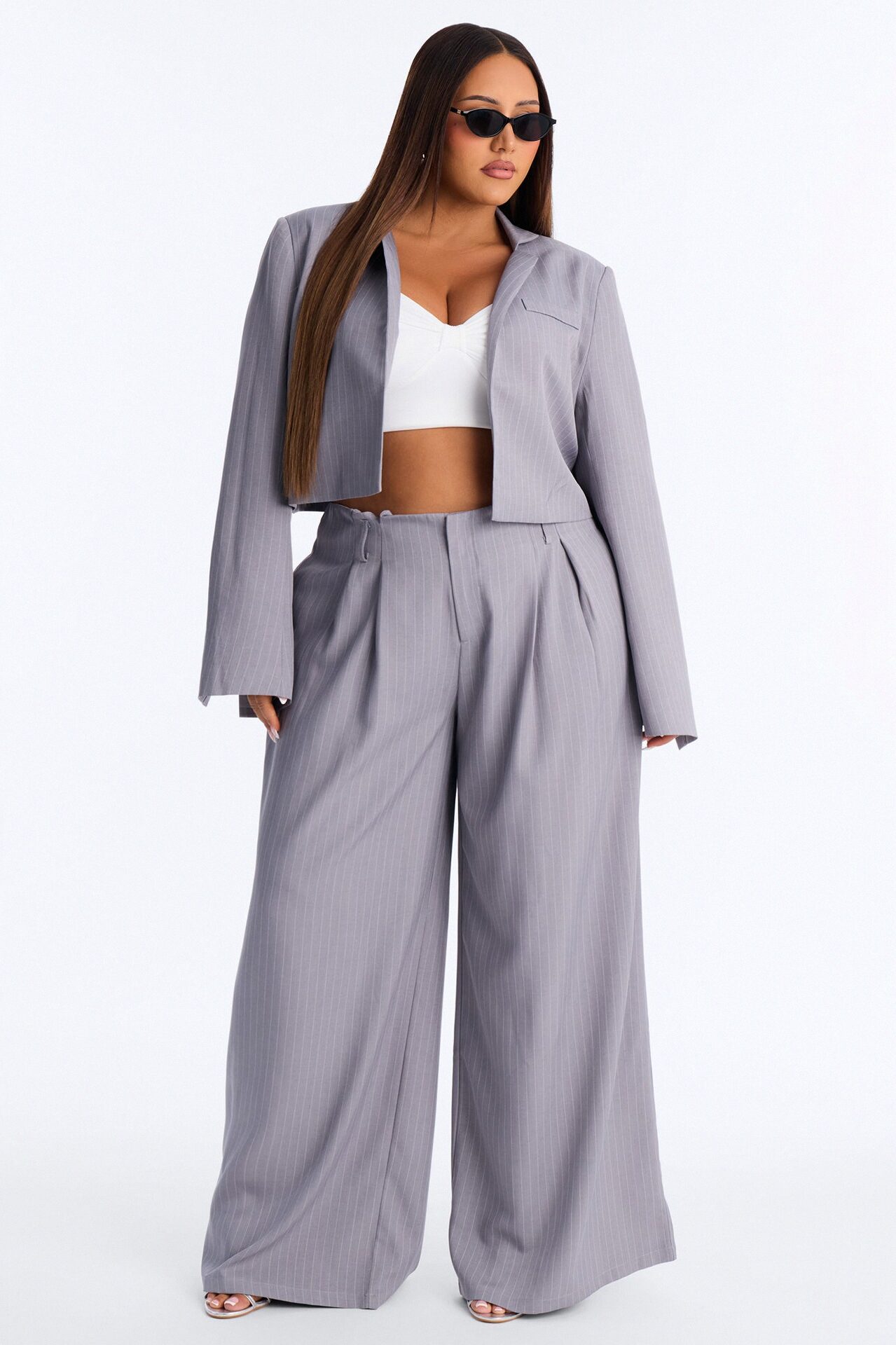 Ahmeira Cropped Pinstripe Blazer - Grey/combo
