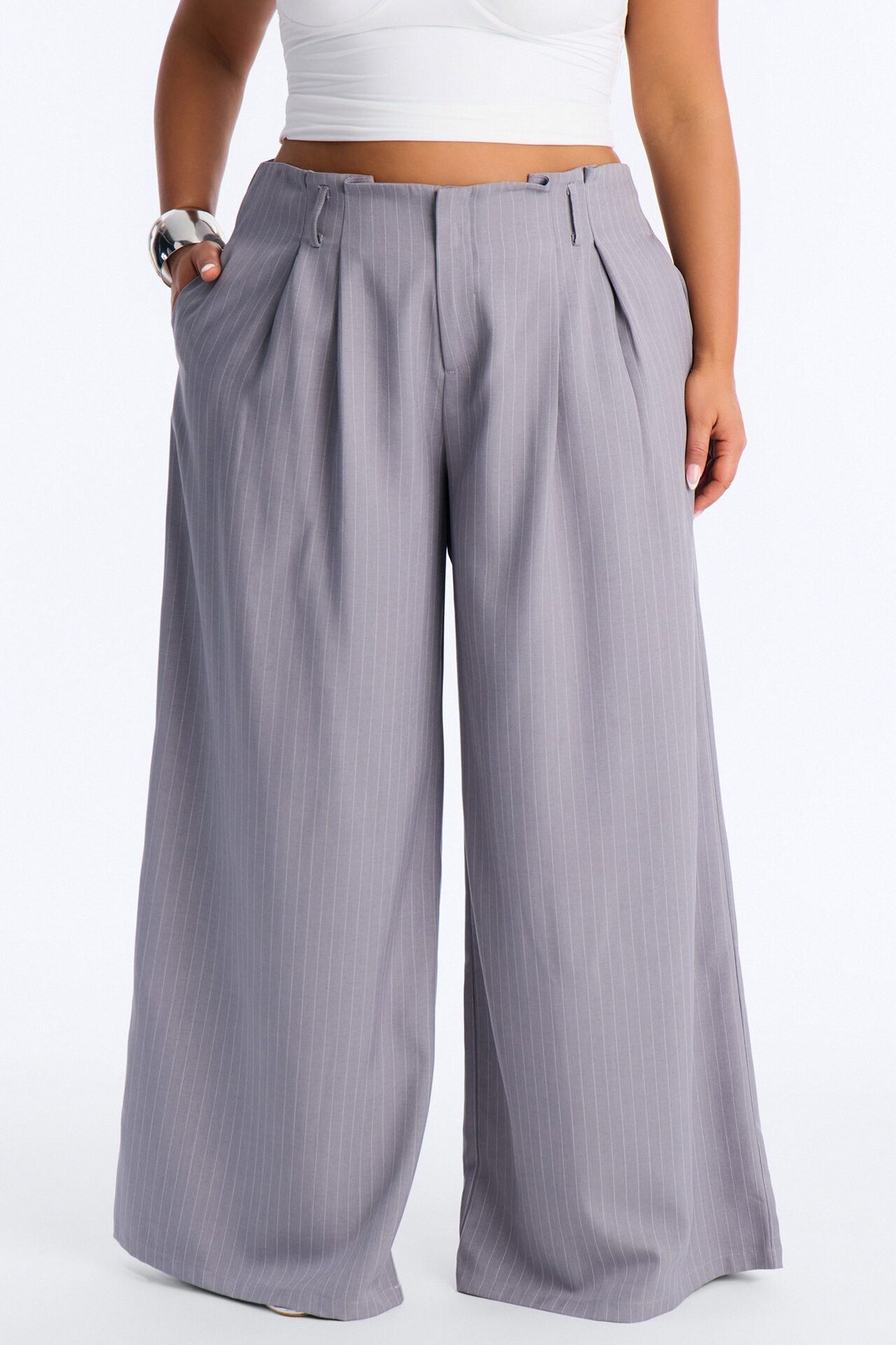 Ahmeira Pinstripe Wide Leg Trouser Pant - Grey/combo