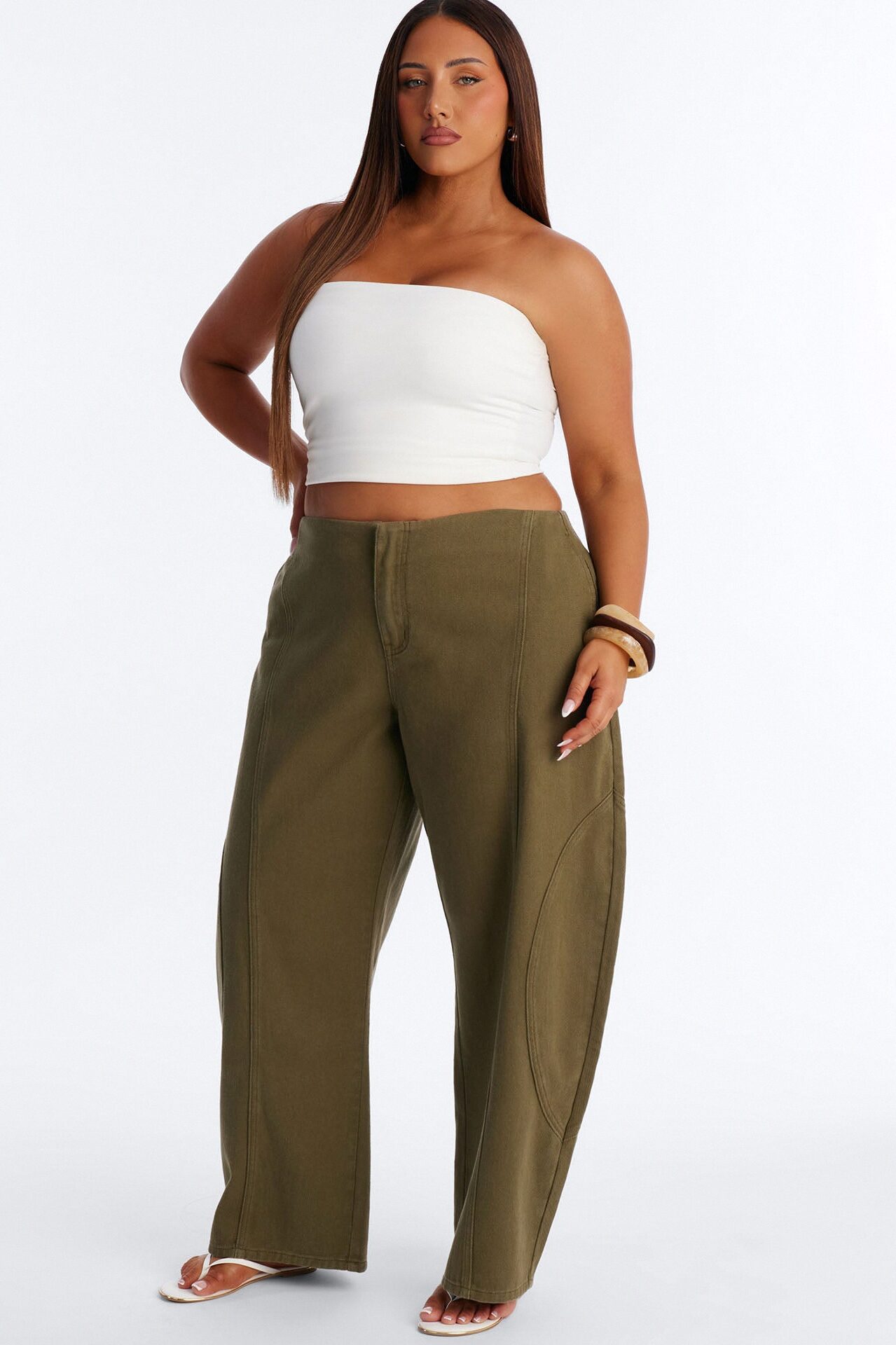 Maliah Low Rise Twill Barrel Leg Pants - Military Green