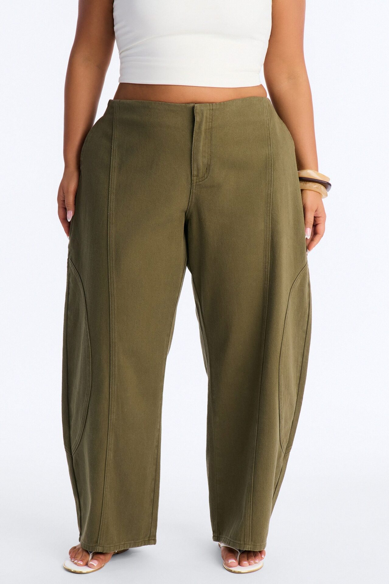 Maliah Low Rise Twill Barrel Leg Pants - Military Green