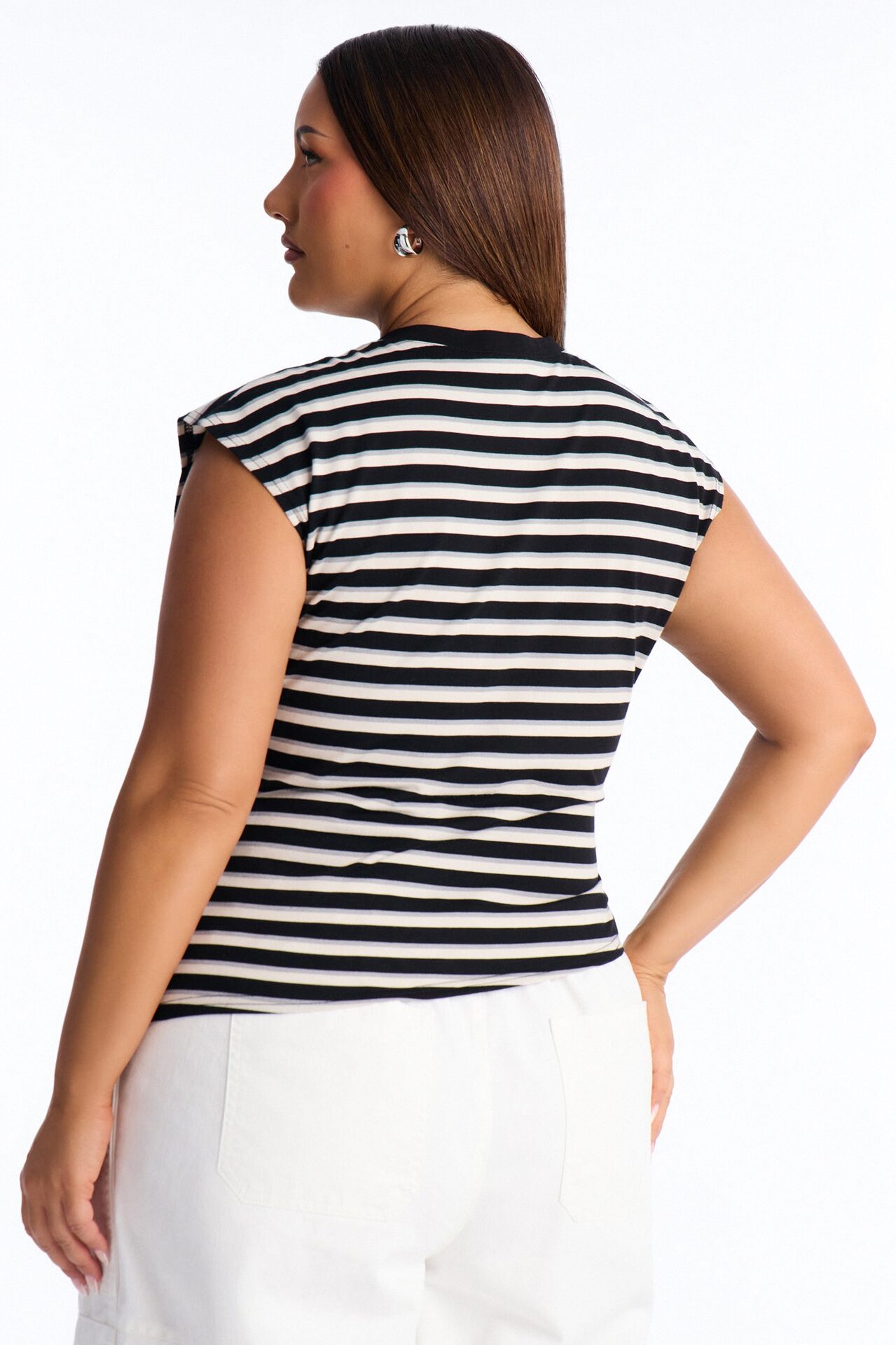 Malia Striped Asymmetrical Ruched Short Sleeve Top - Black/Grey
