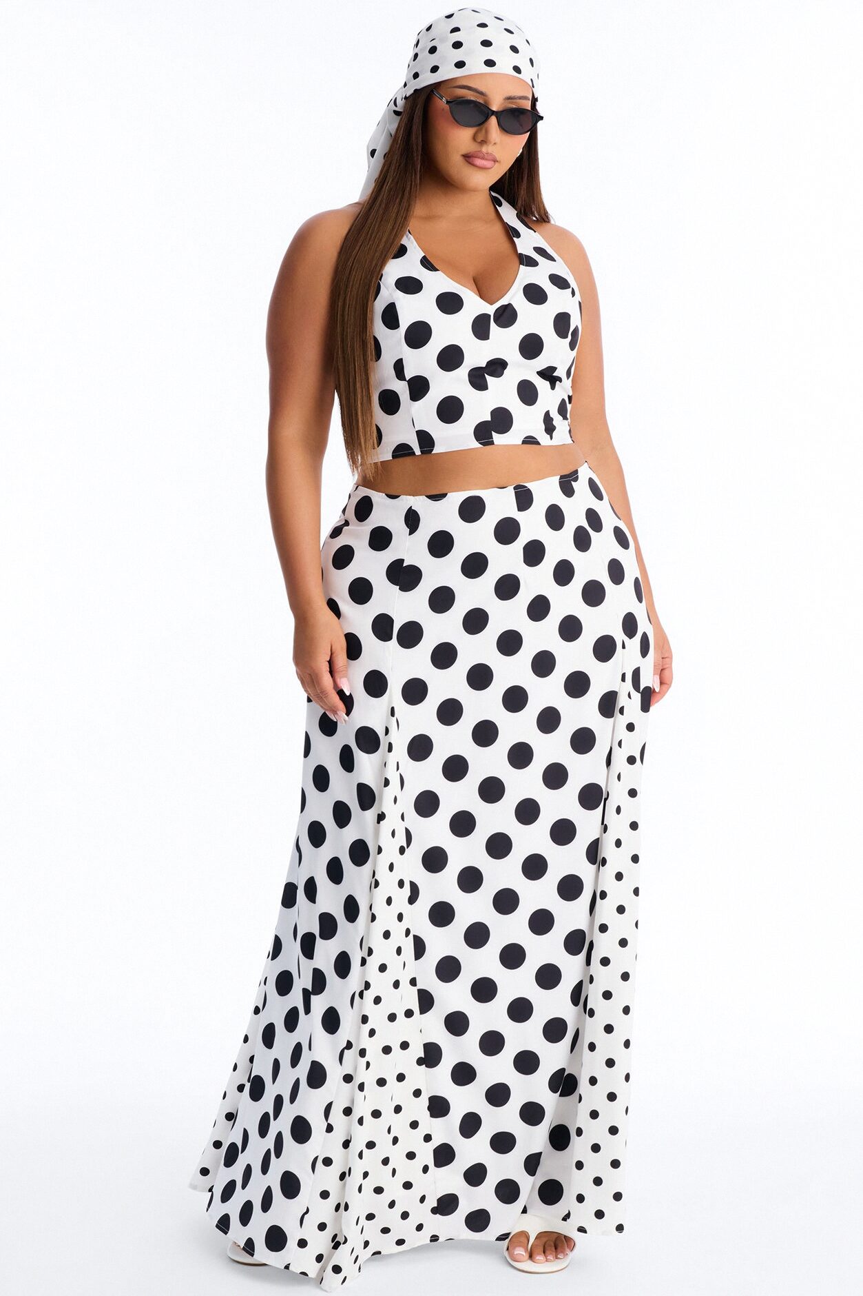 Ivy Polka Dot Halter 3 Piece Scarf Skirt Set - White/Black
