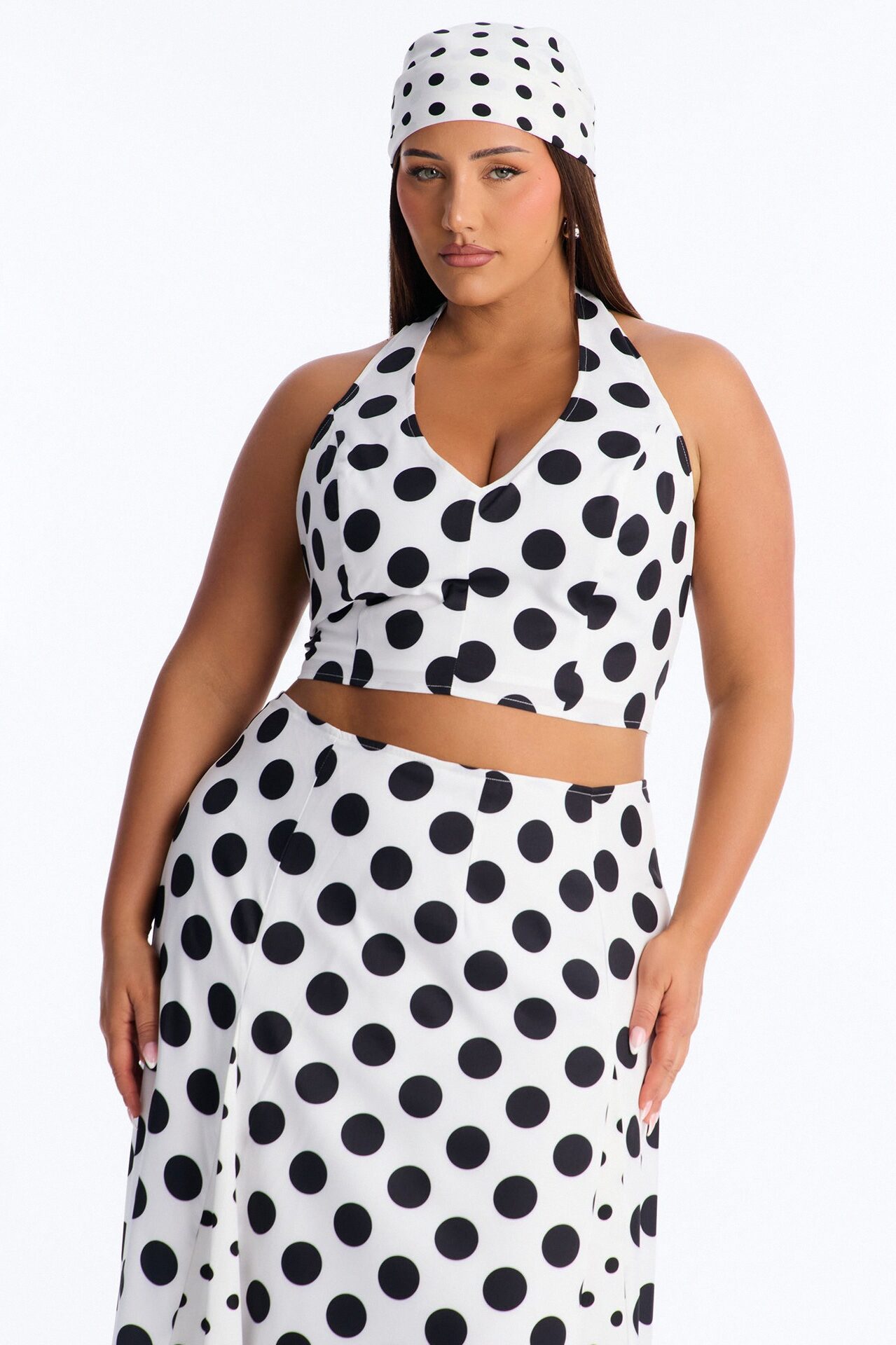 Ivy Polka Dot Halter 3 Piece Scarf Skirt Set - White/Black