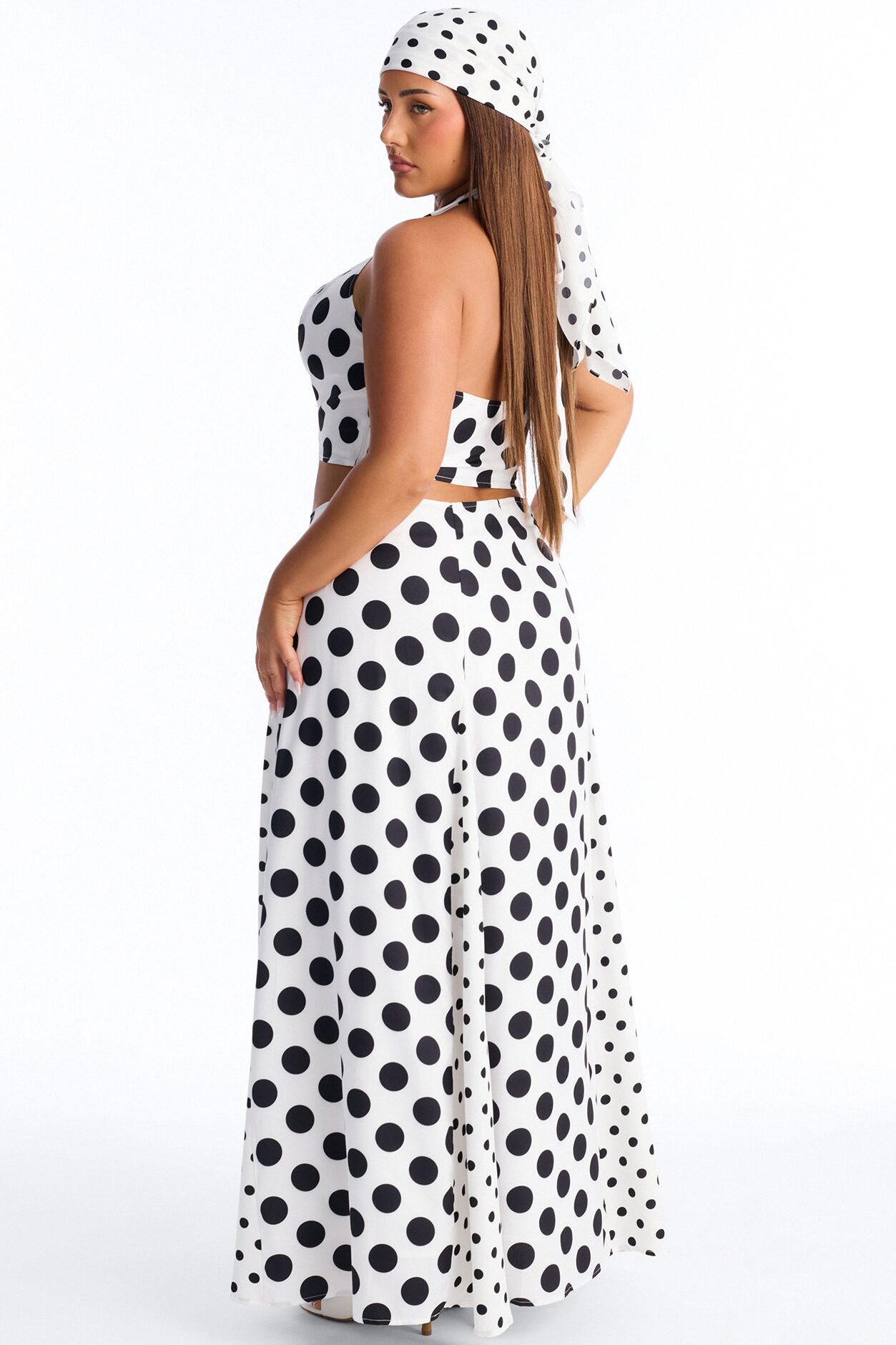 Ivy Polka Dot Halter 3 Piece Scarf Skirt Set - White/Black