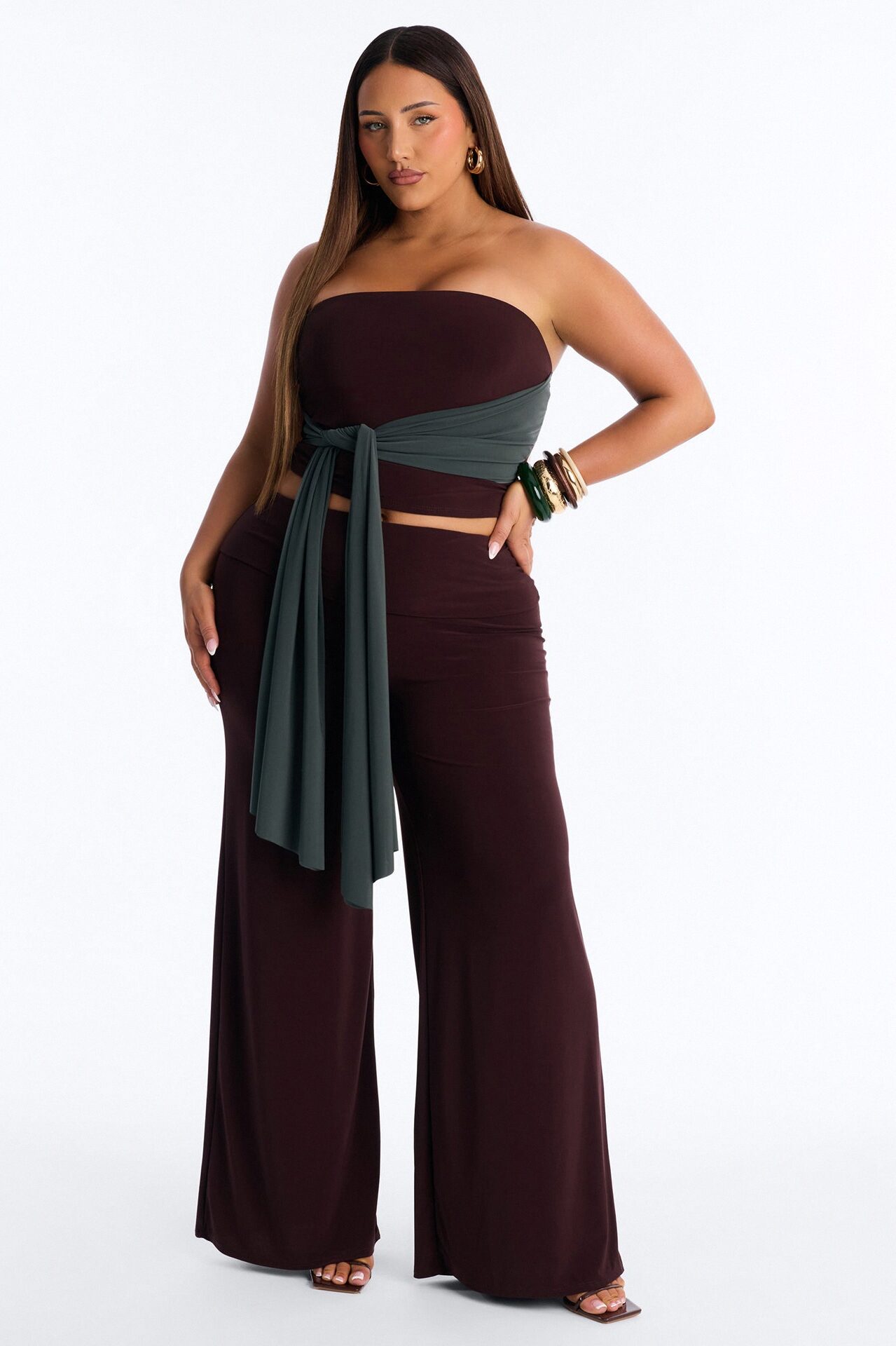 Devin Tie Front Colorblock Pant Set - Brown/combo