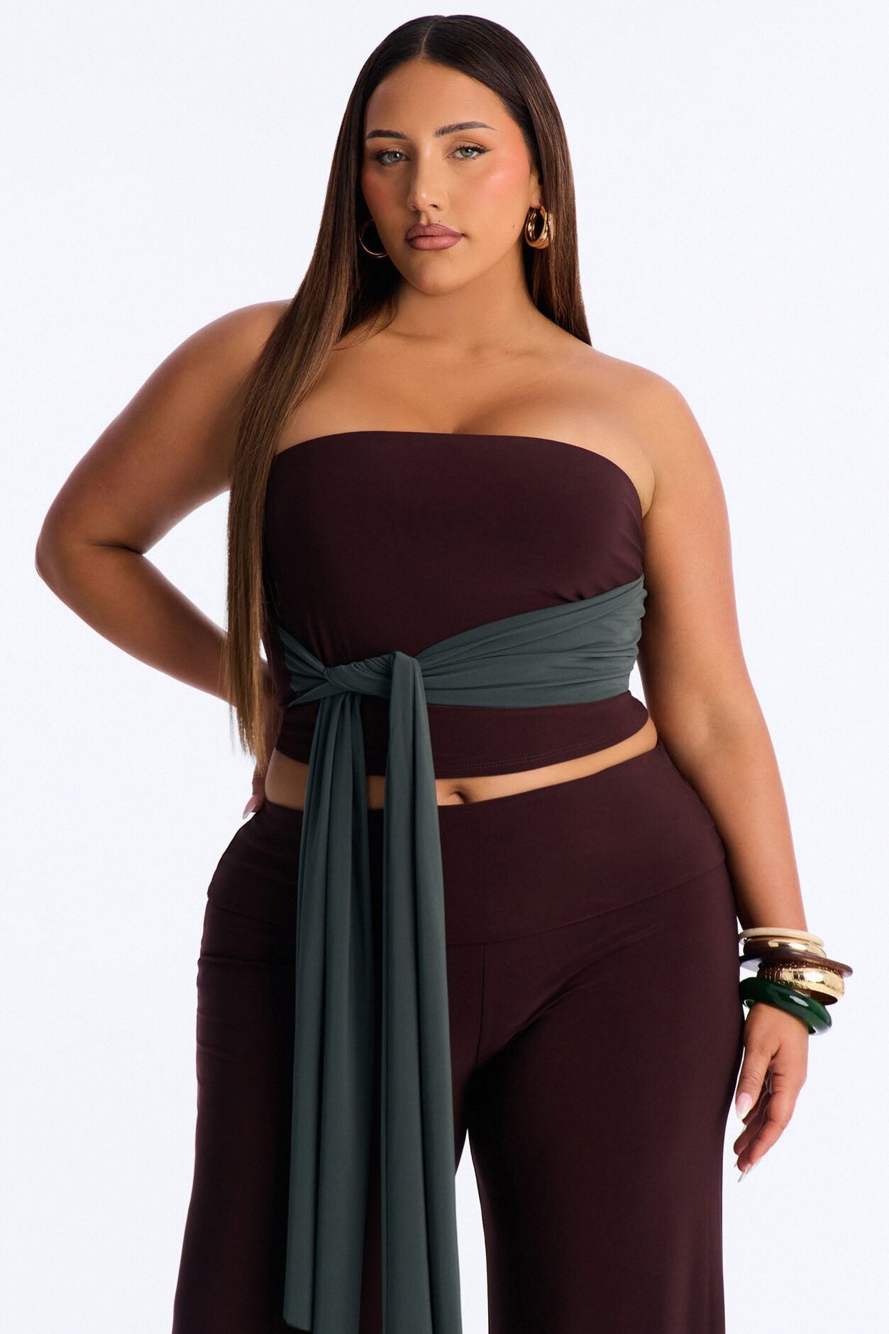 Devin Tie Front Colorblock Pant Set - Brown/combo