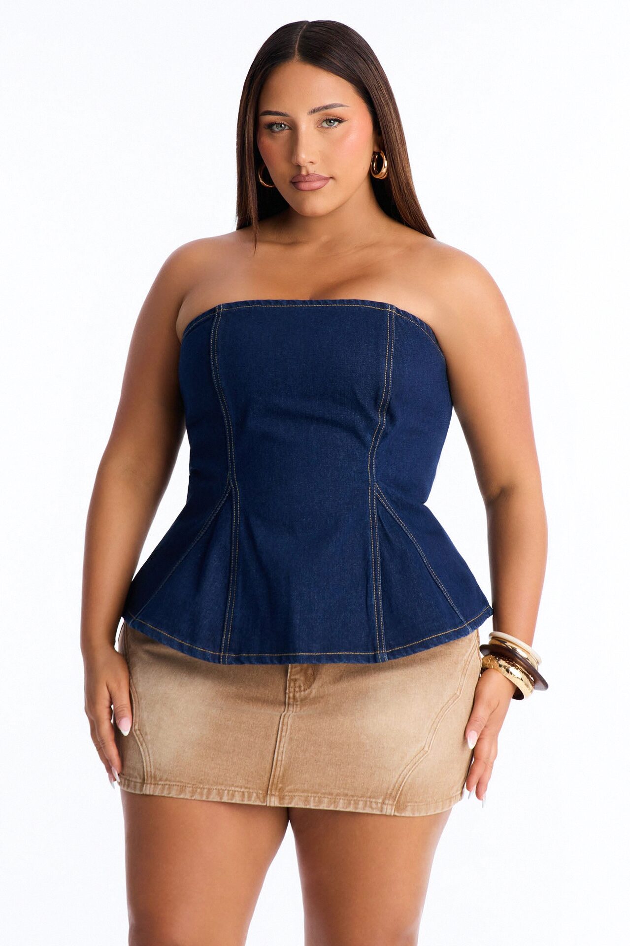 Just A Casual Serve Back Zip Denim Top - Dark Wash