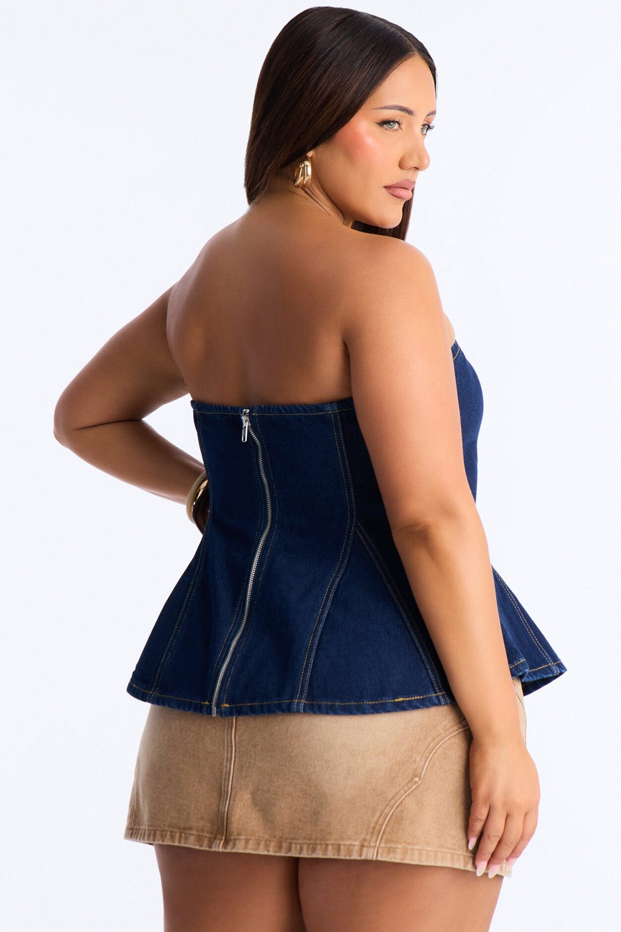 Just A Casual Serve Back Zip Denim Top - Dark Wash