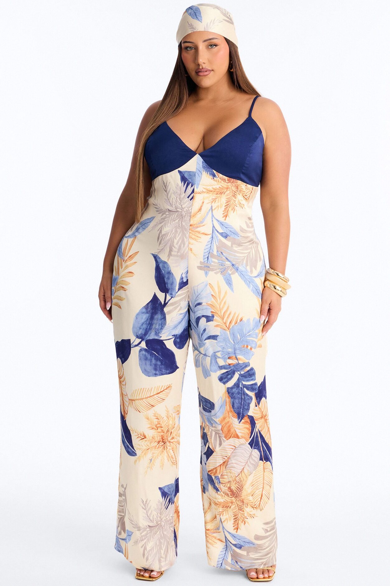 Grenna Satin Jumpsuit And Head Scarf Set - Blue