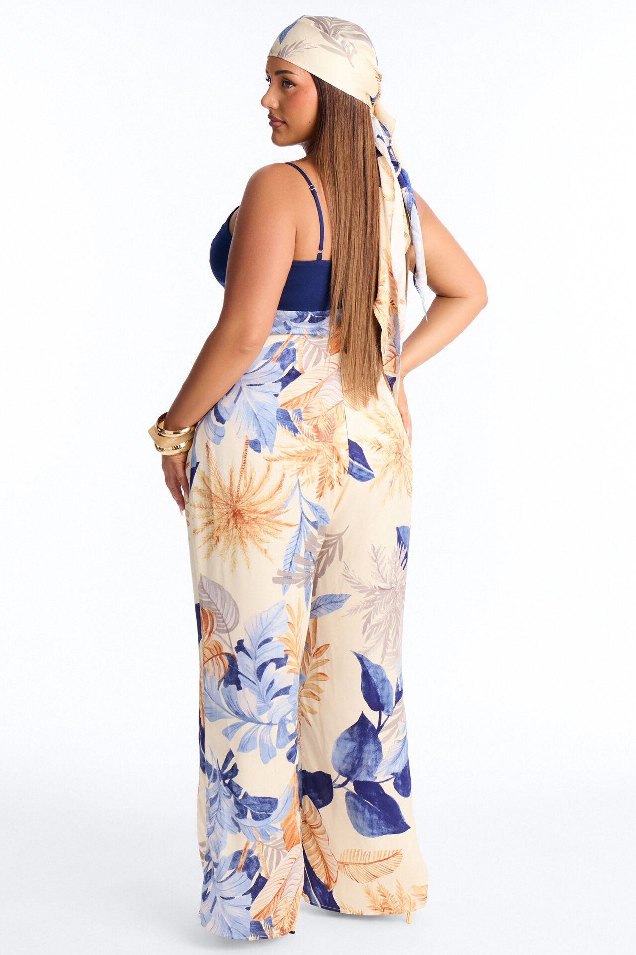 Grenna Satin Jumpsuit And Head Scarf Set - Blue