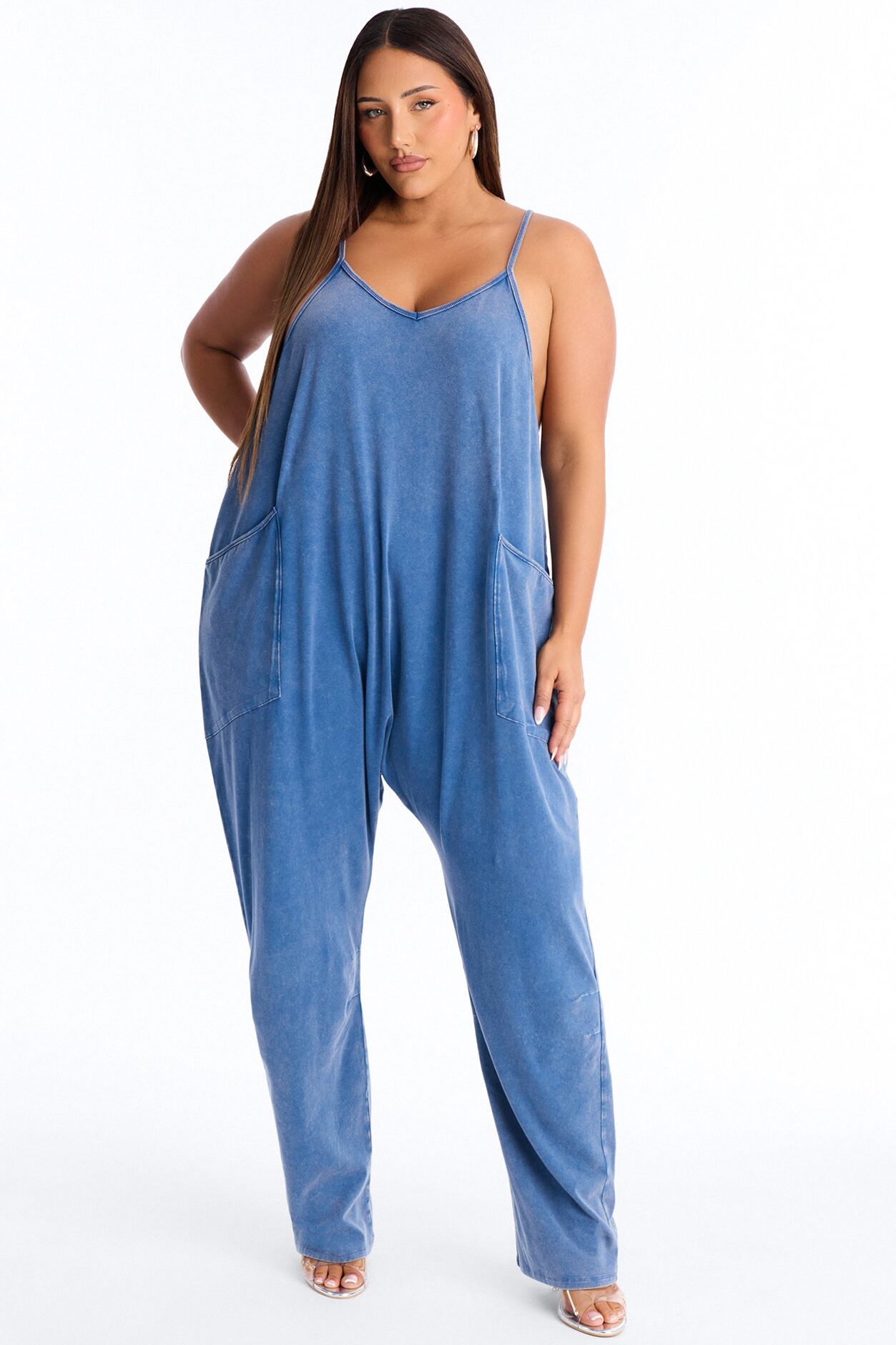 Baggy Days Washed Wide Leg Jumpsuit - Blue