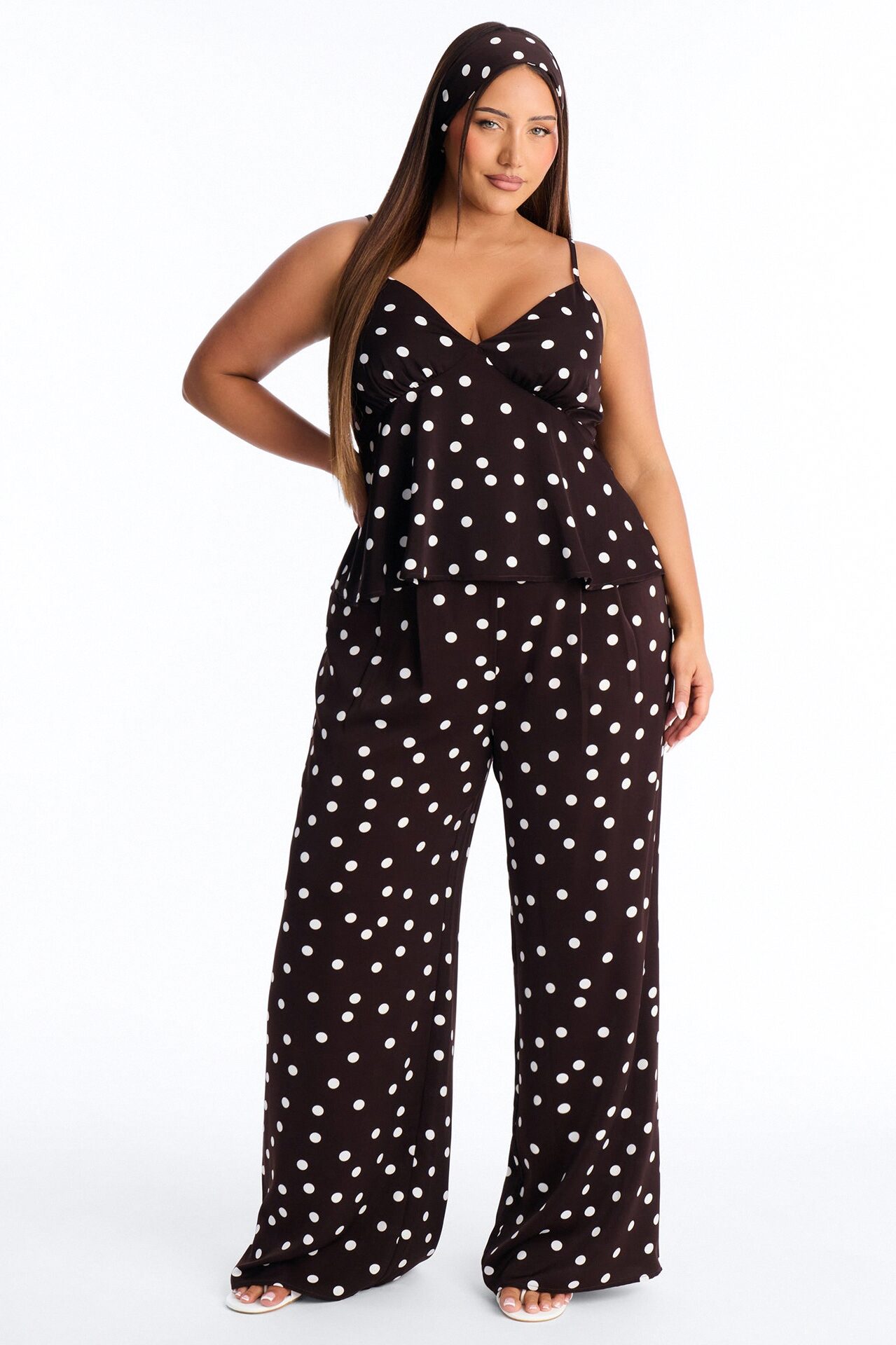 Monique Satin Polka Dot 3 Piece Pant Set - Brown Combo