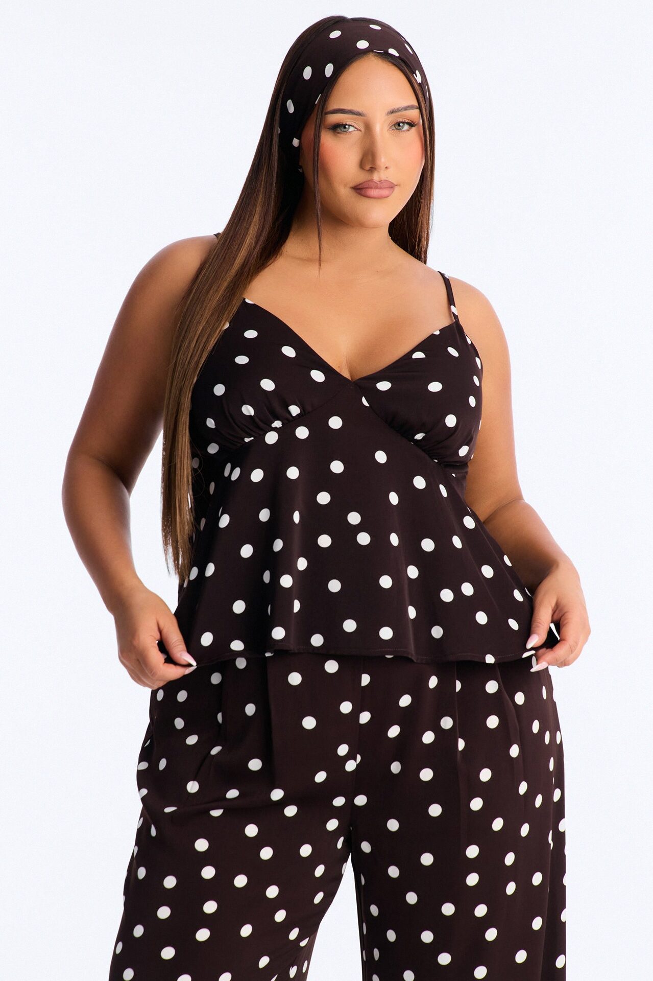 Monique Satin Polka Dot 3 Piece Pant Set - Brown Combo