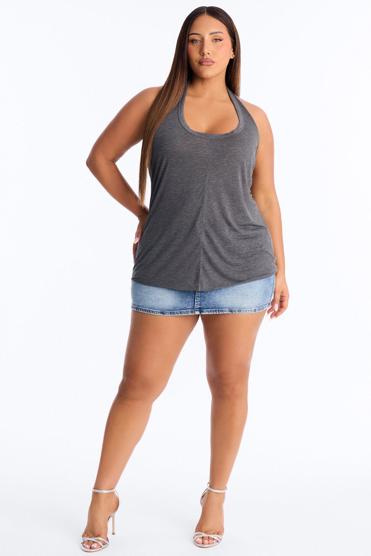 Cameron Sheer Scoop Neck Halter Top - Charcoal