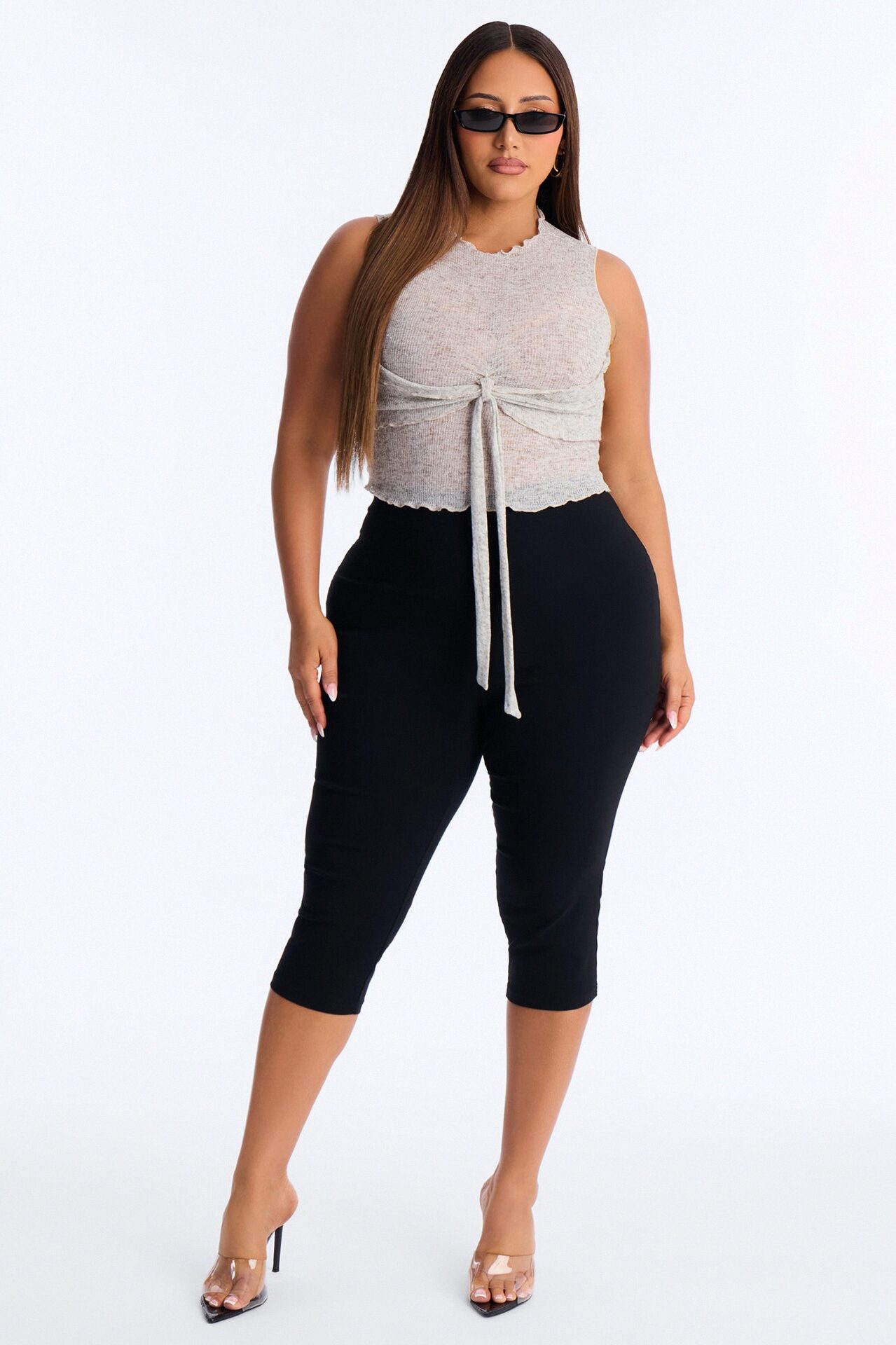 Heather Mock Neck Tie Sleeveless Top - Grey/combo
