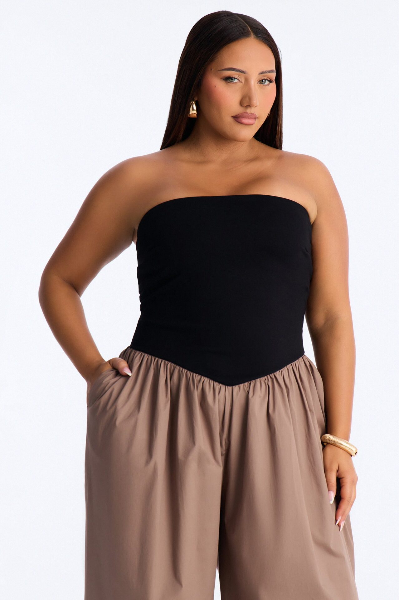 Sunday Walks Strapless Poplin Jumpsuit - Mocha