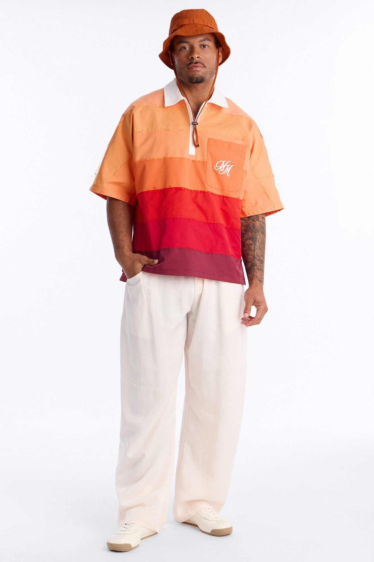Oversized Frayed Zip Collar Polo - Orange
