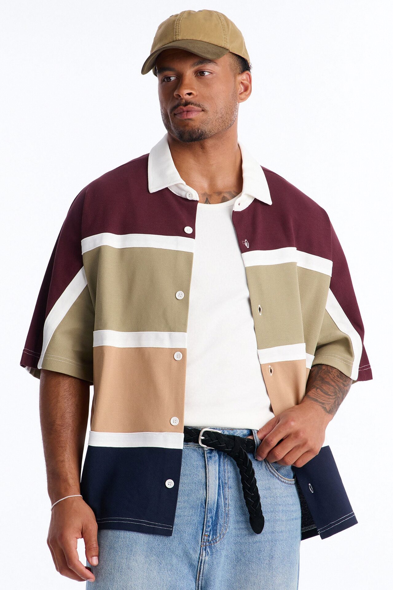 Oversized Spring Break Pique Button Up Shirt - Brown