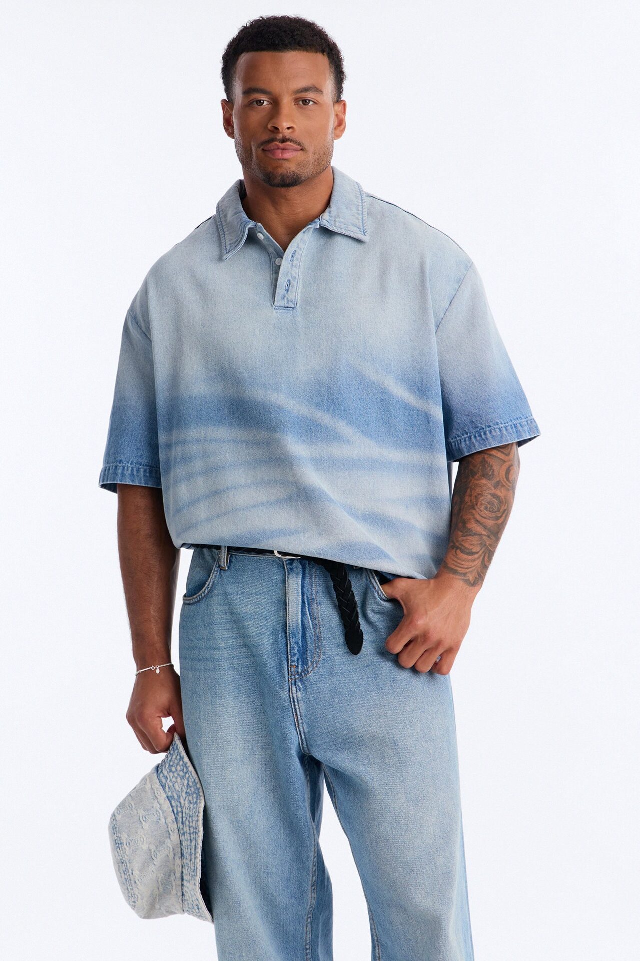 Boxy Faded Wave Denim Polo - Light Blue Wash