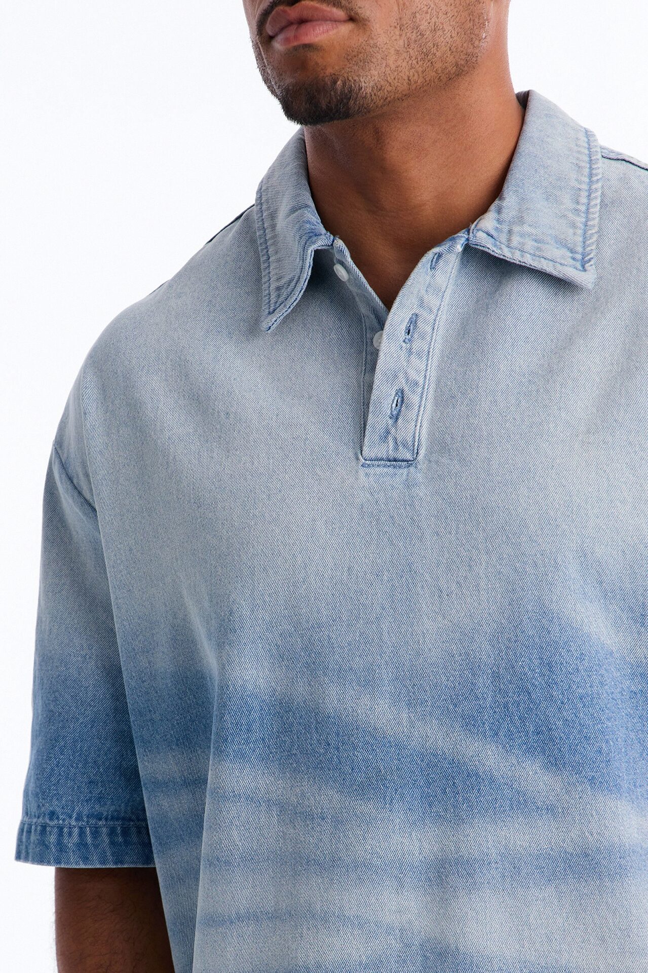 Boxy Faded Wave Denim Polo - Light Blue Wash