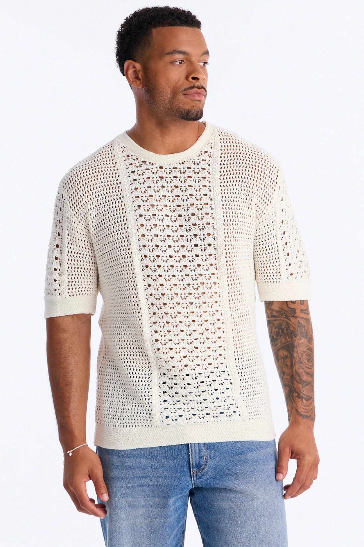 Relaxed Jonathon Crochet Crewneck Tee - Cream