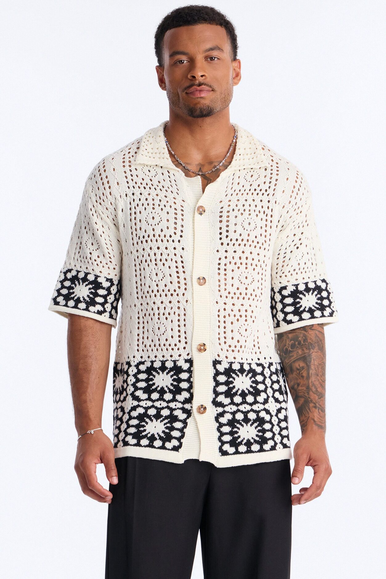Relaxed Sunstage Crochet Cuban Collar Button Up Shirt - Black