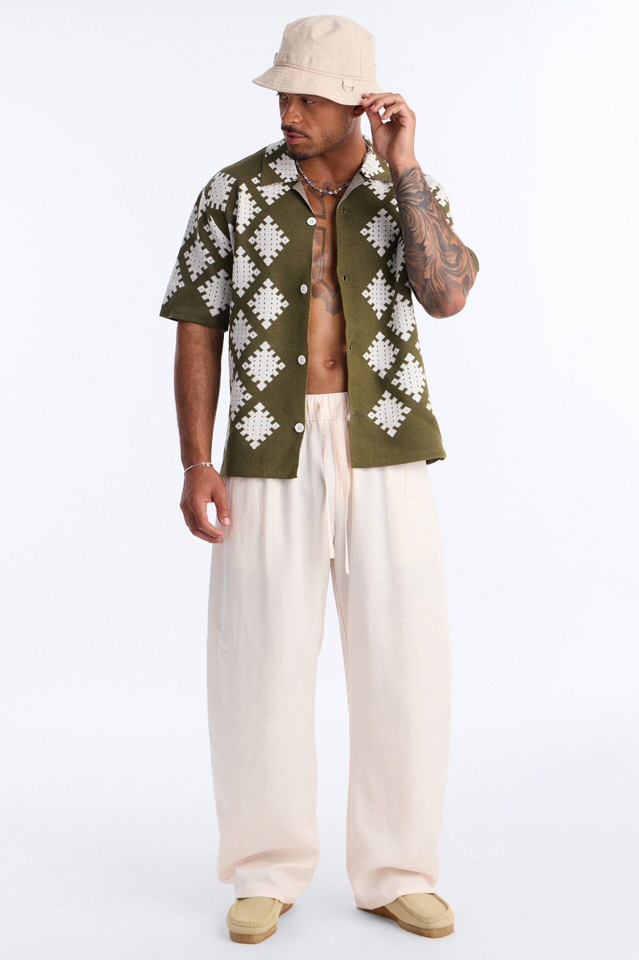 Relaxed Wave Side Crochet Cuban Collar Button Up Shirt - Green